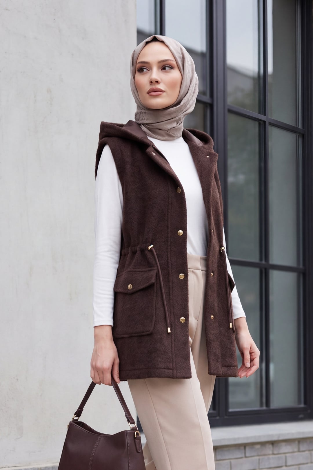 Hooded Double Pocket Belted Drawstring Faux Fur Vest - Brown - Podyumplus - by Peralane - photo 2