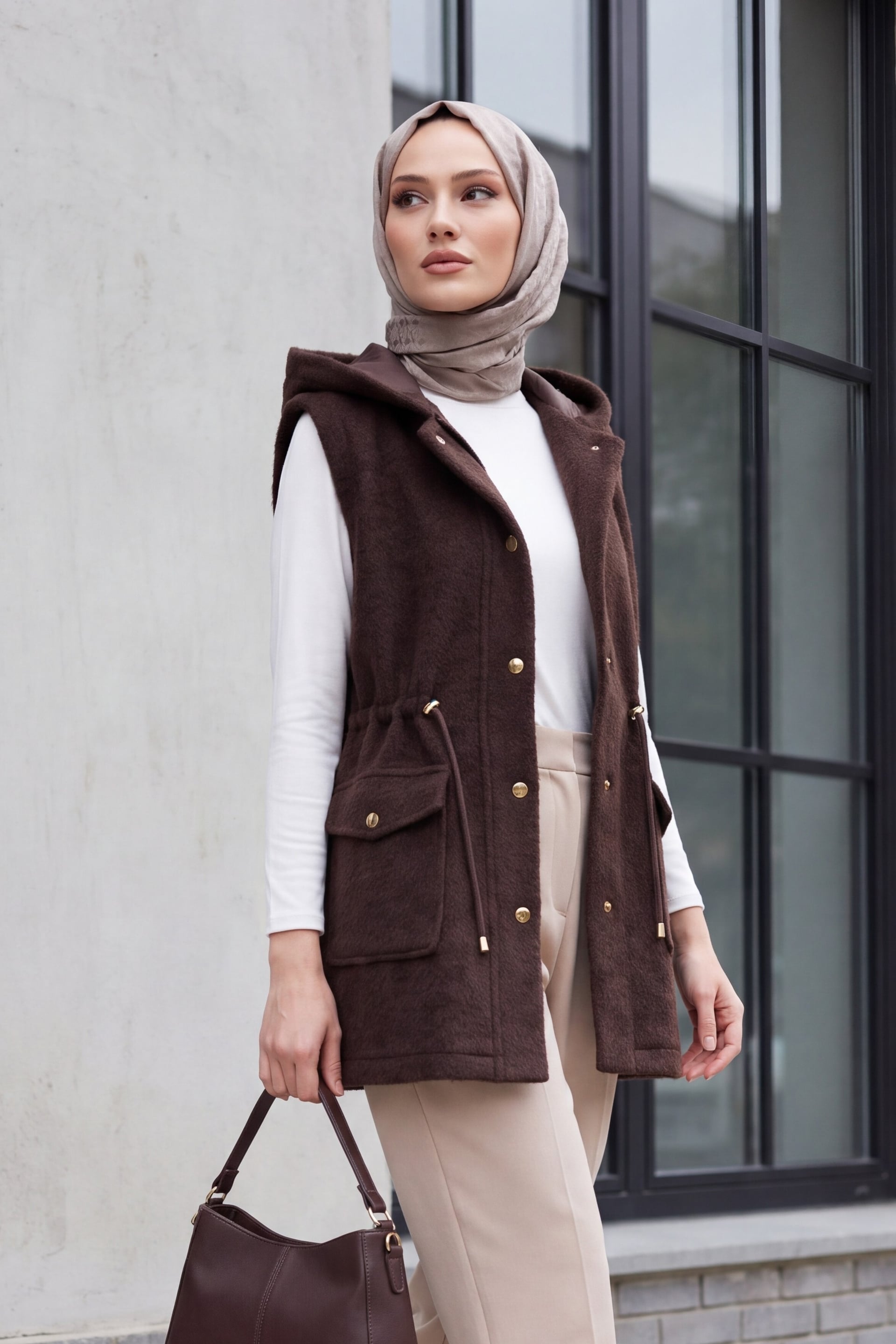 Hooded Double Pocket Belted Drawstring Faux Fur Vest - Brown - Podyumplus - by Peralane - photo 2