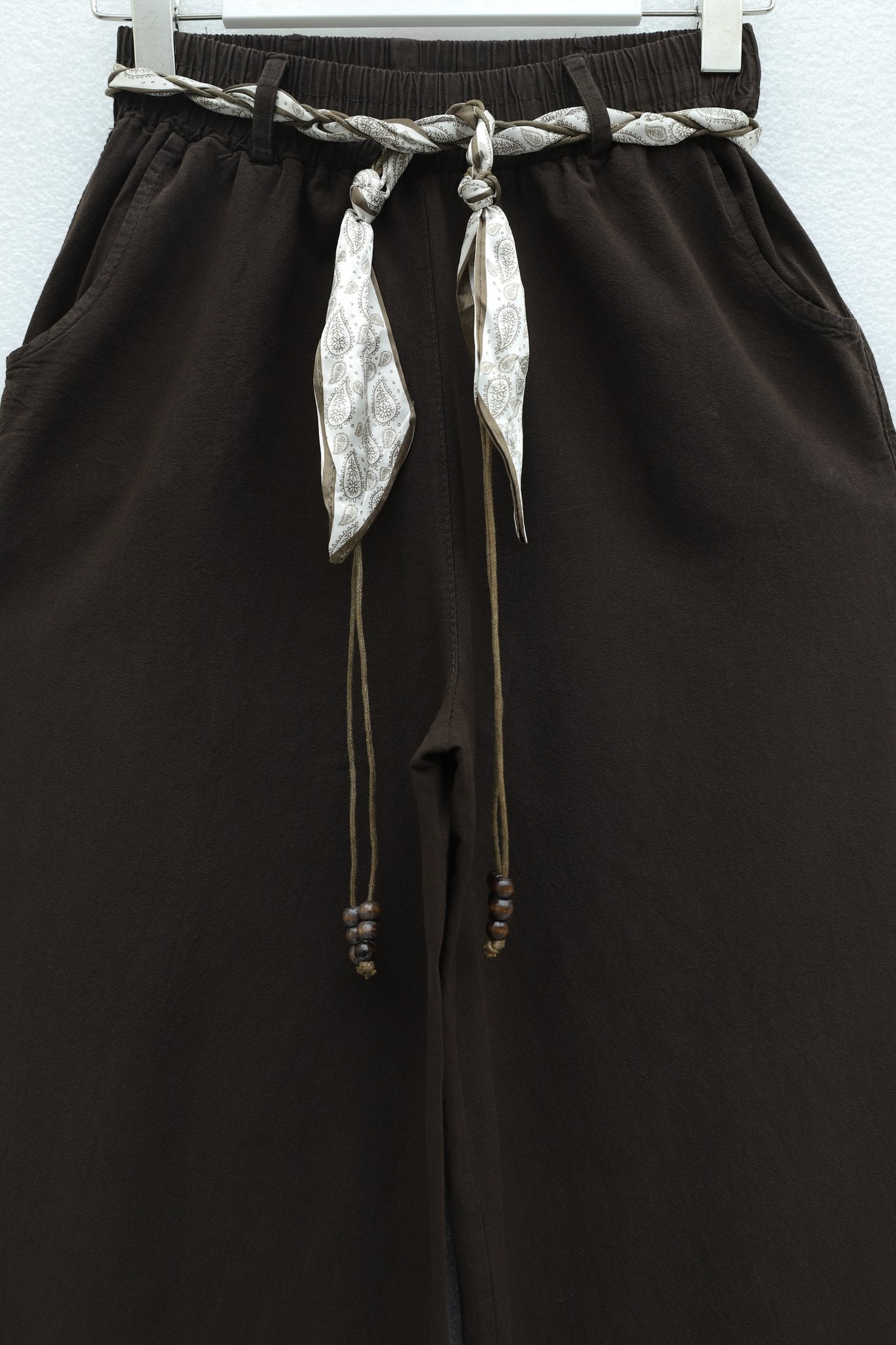 Wide-Leg High-Waist Elastic Waistband Drawstring Trousers with Belt - Brown - Podyumplus - by Peralane - photo 5