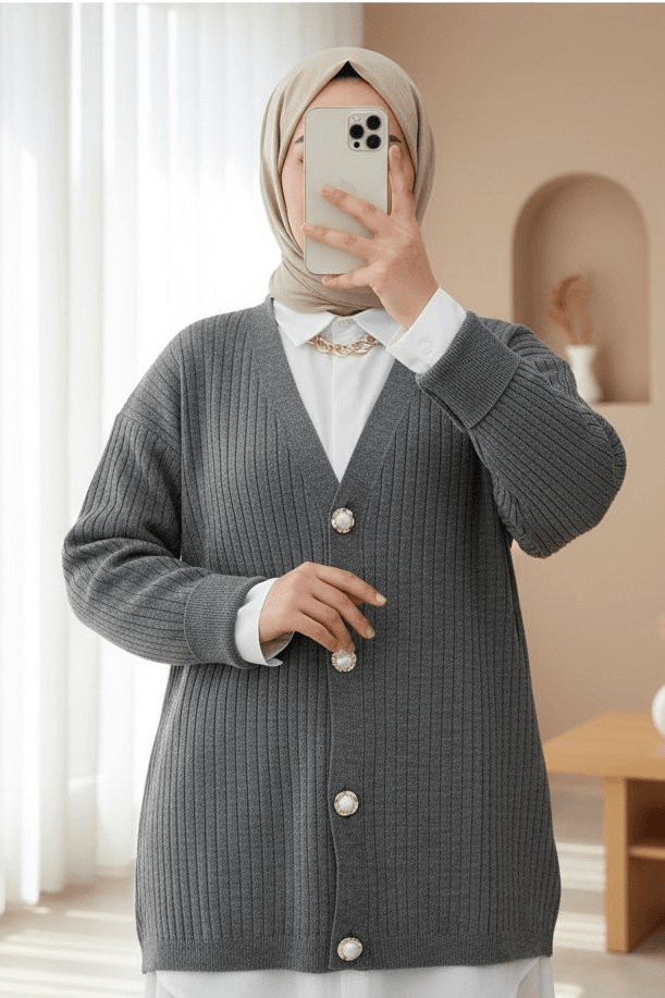 Buttoned Ribbed Knit Cardigan - Smoke - Podyumplus - by Peralane