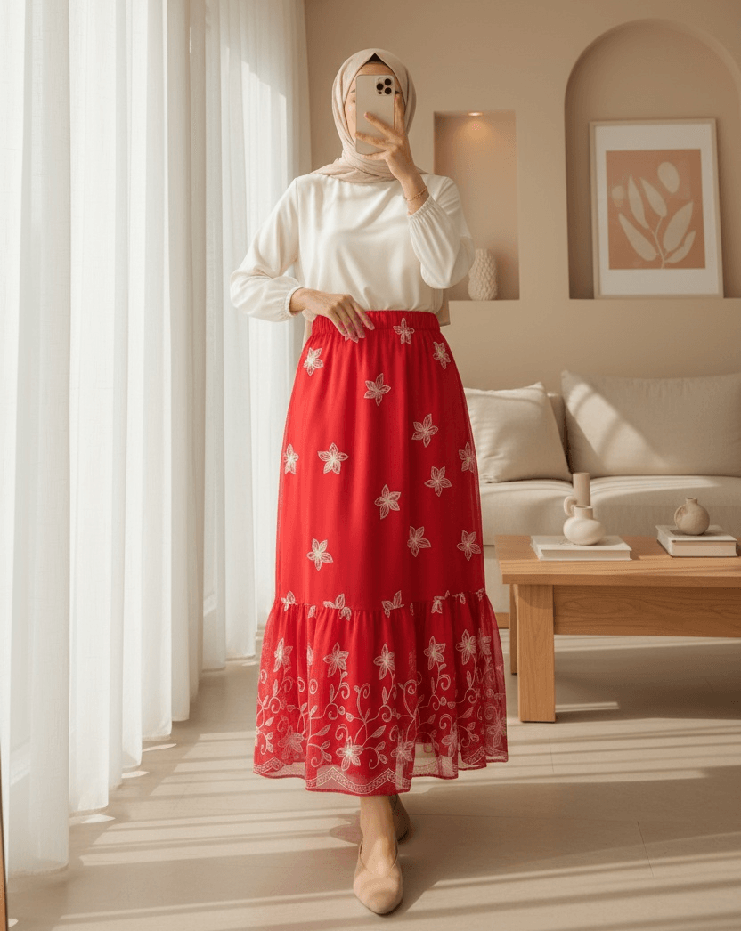 Red Floral Chiffon Skirt with Ruffled Hem - Bigdart - by Peralane - photo 2