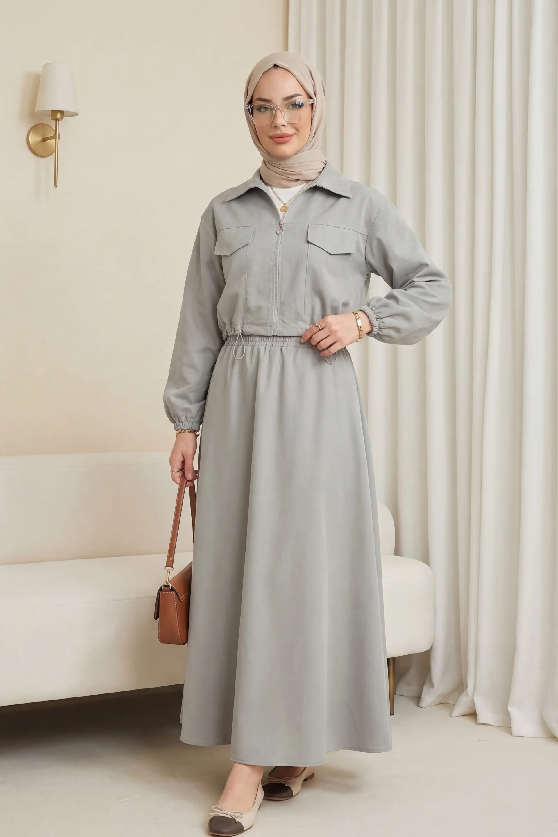 Grey Bonding Jacket and Maxi Skirt Co-ord Set - Podyumplus - by Peralane