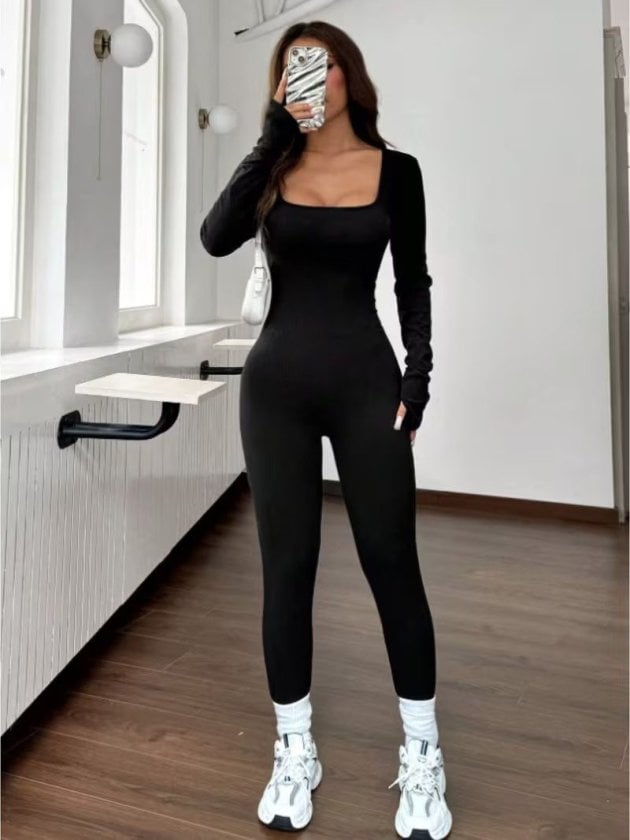 Women's Long-Sleeved Square Neck Thumbhole Knit Jumpsuit - Janes - by Peralane - photo 3
