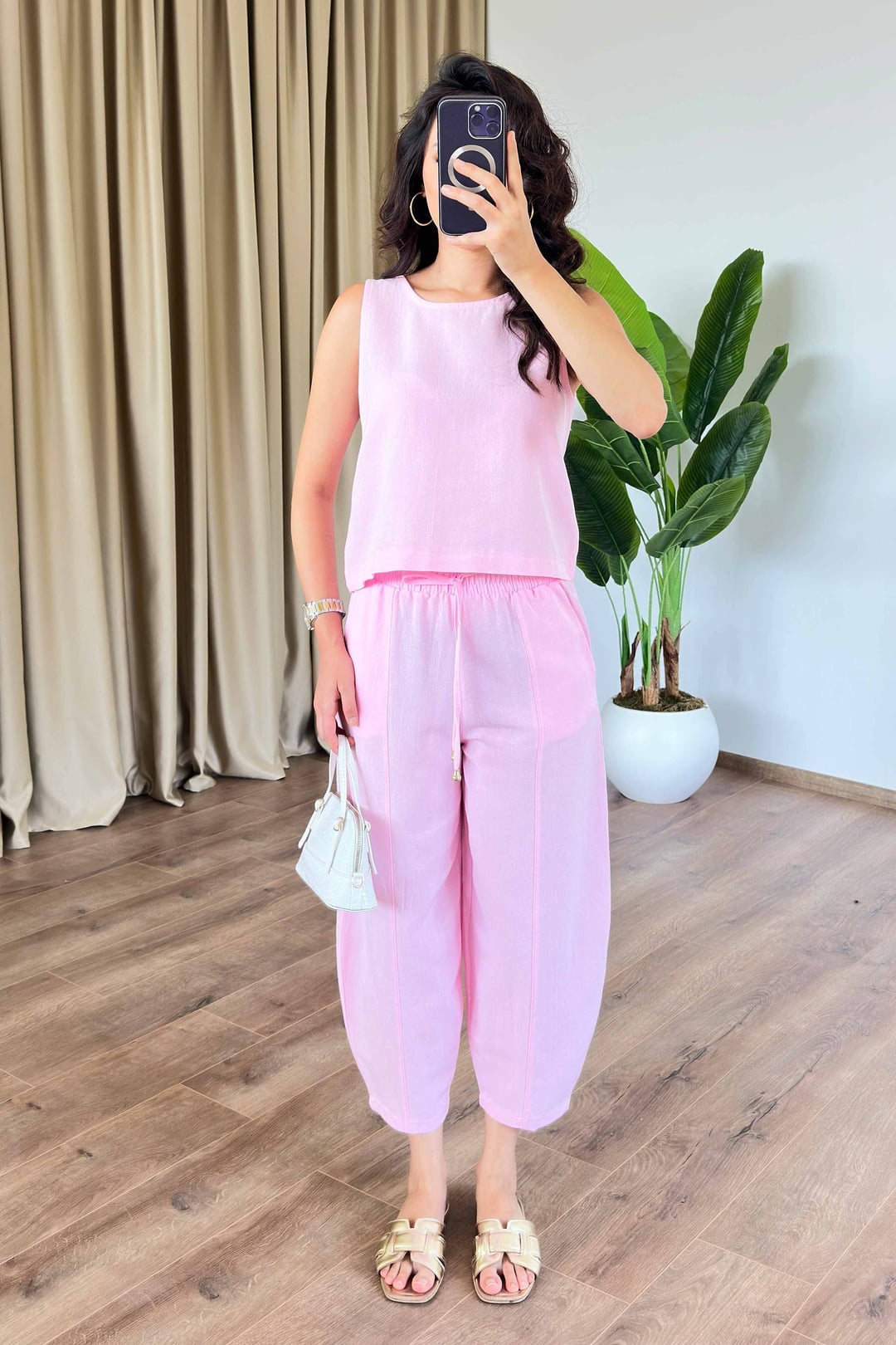 Pink Drawstring Blouse and Balloon Trousers Two-Piece Set - Lustri̇n - by Peralane