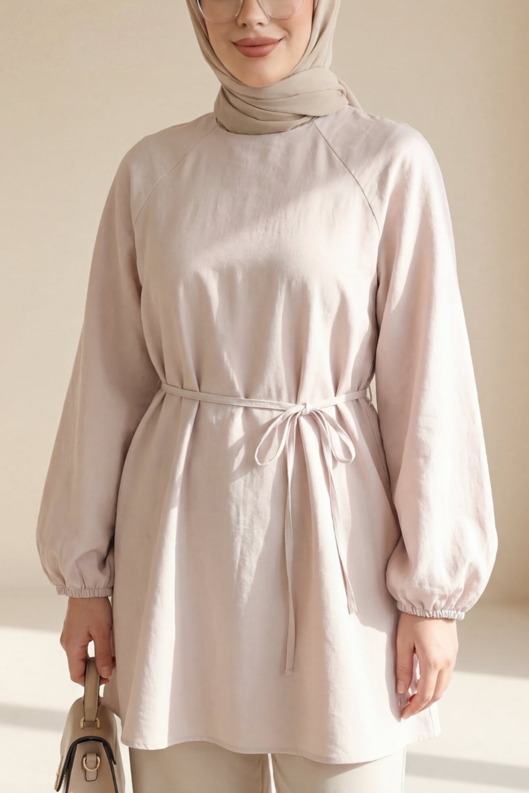 Round Neck Tie-Waist Balloon Sleeve Tunic - Stone - Podyumplus - by Peralane - photo 4