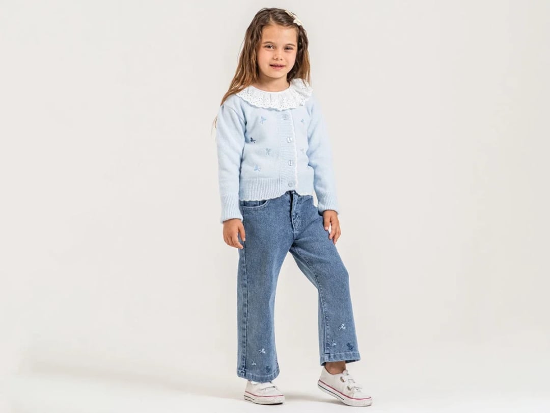 Girl's Knit Cardigan and Denim Trousers Set with Embroidery - Light Blue - Pampal Kids - by Peralane