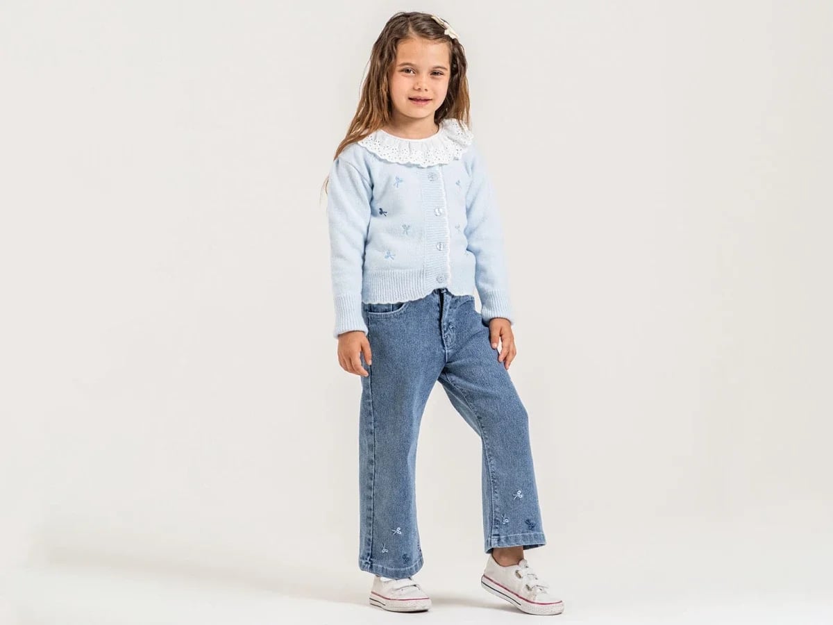 Girls' Embroidered Cardigan and Jeans 4-Piece Set in Light Blue - Pampal Kids - by Peralane
