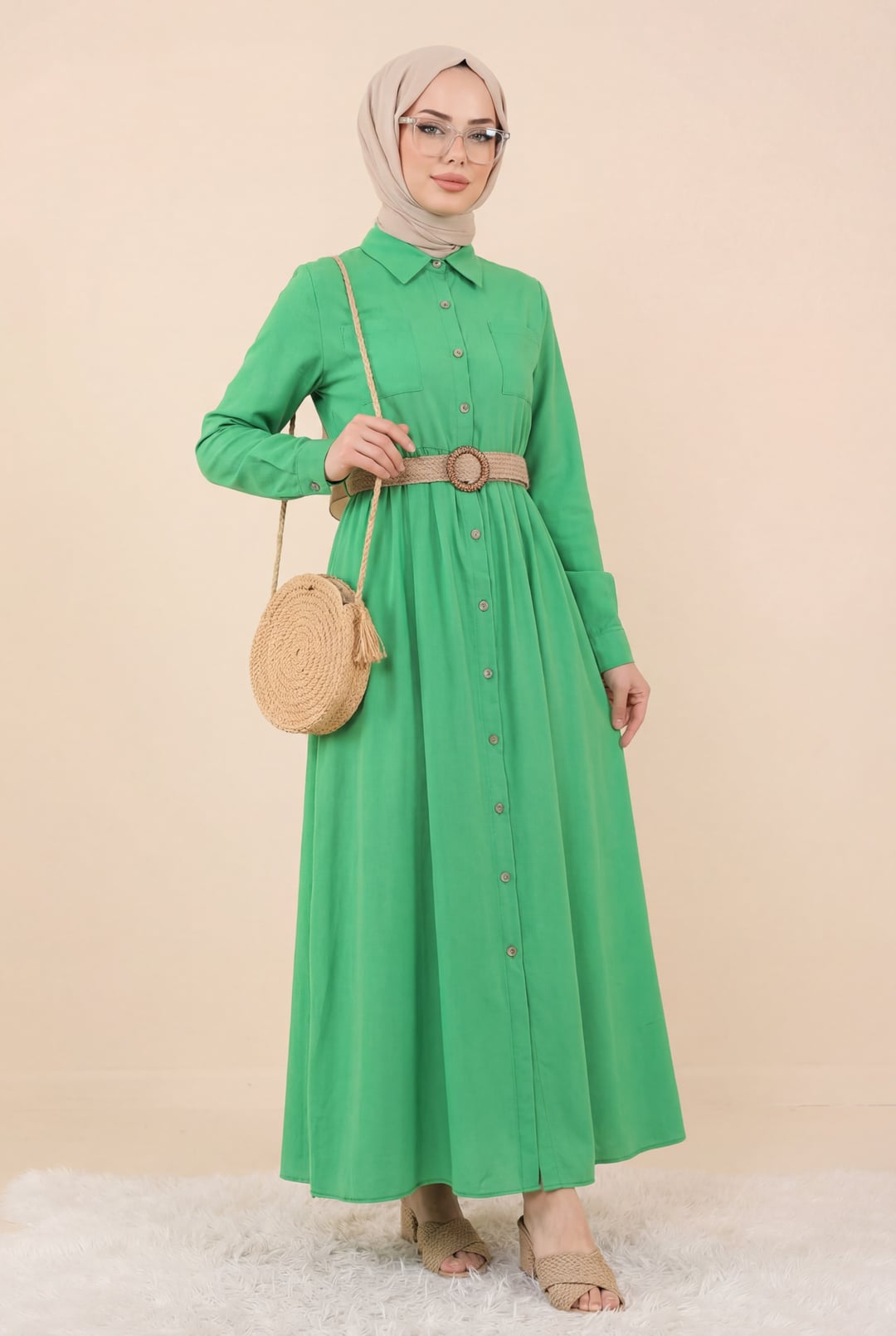 Green Button-Front Belted Shirt Dress for Women - Podyumplus - by Peralane - photo 2