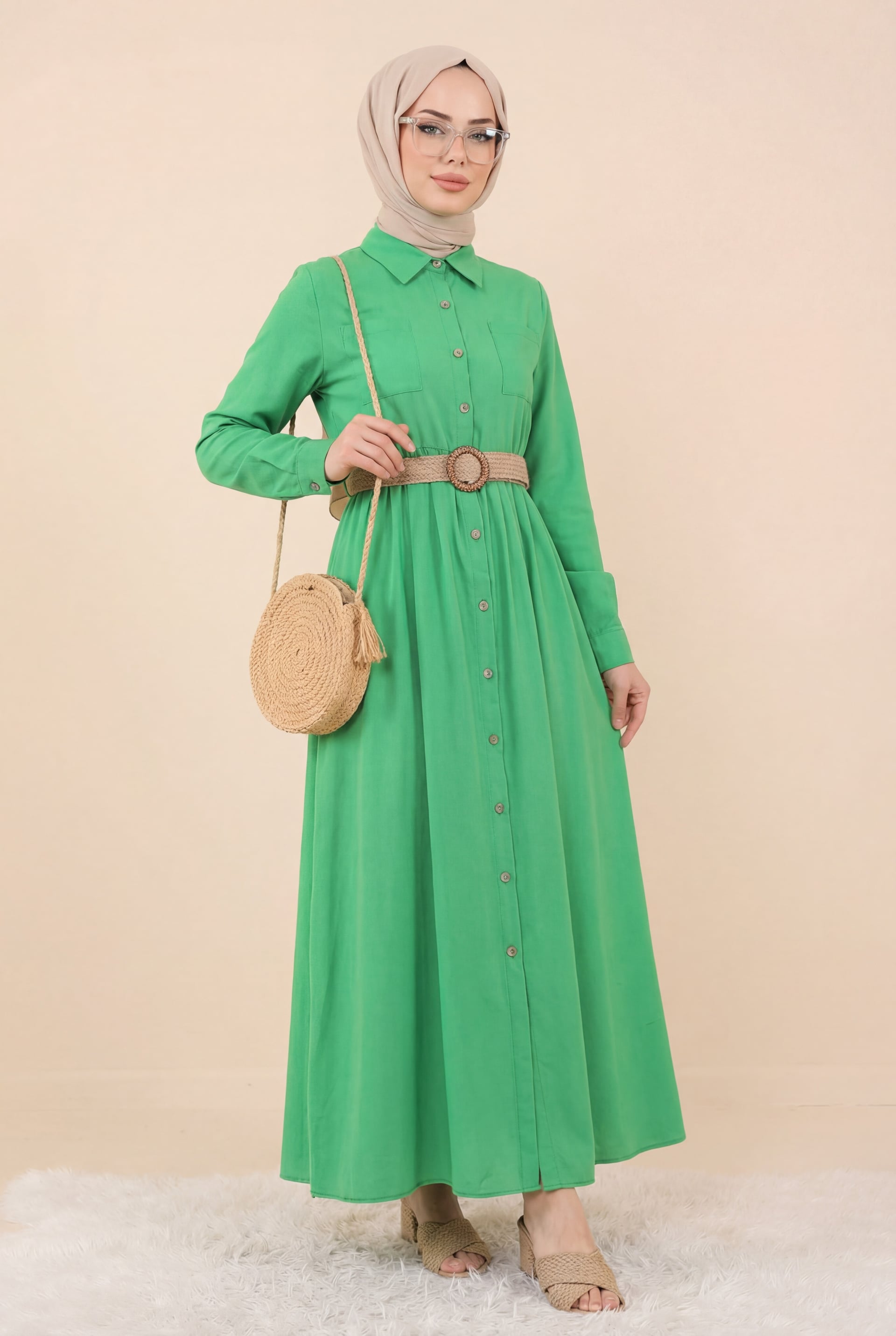 Green Button-Front Belted Shirt Dress for Women - Podyumplus - by Peralane - photo 2