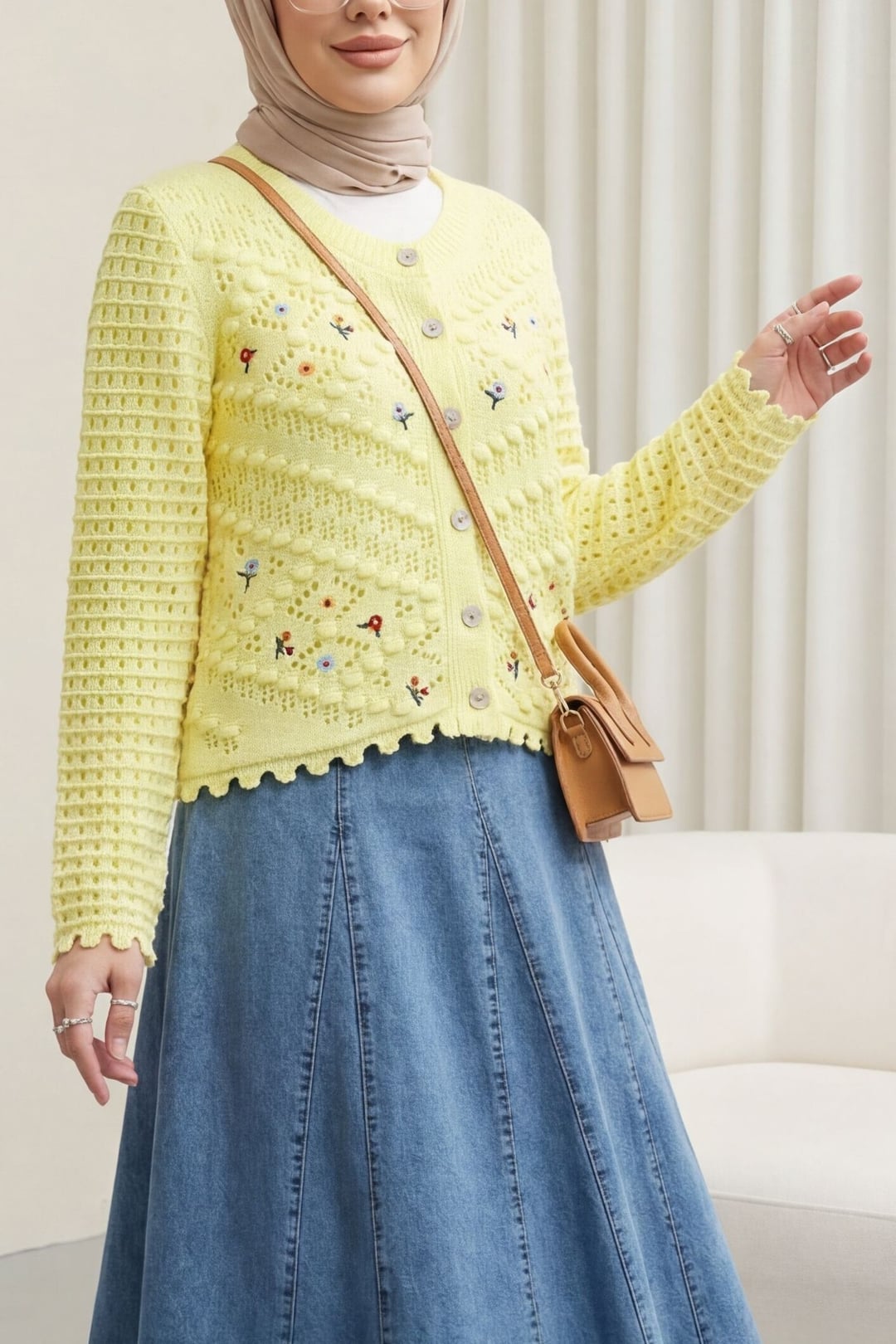 Light Yellow Floral Embroidered Knit Cardigan - Podyumplus - by Peralane