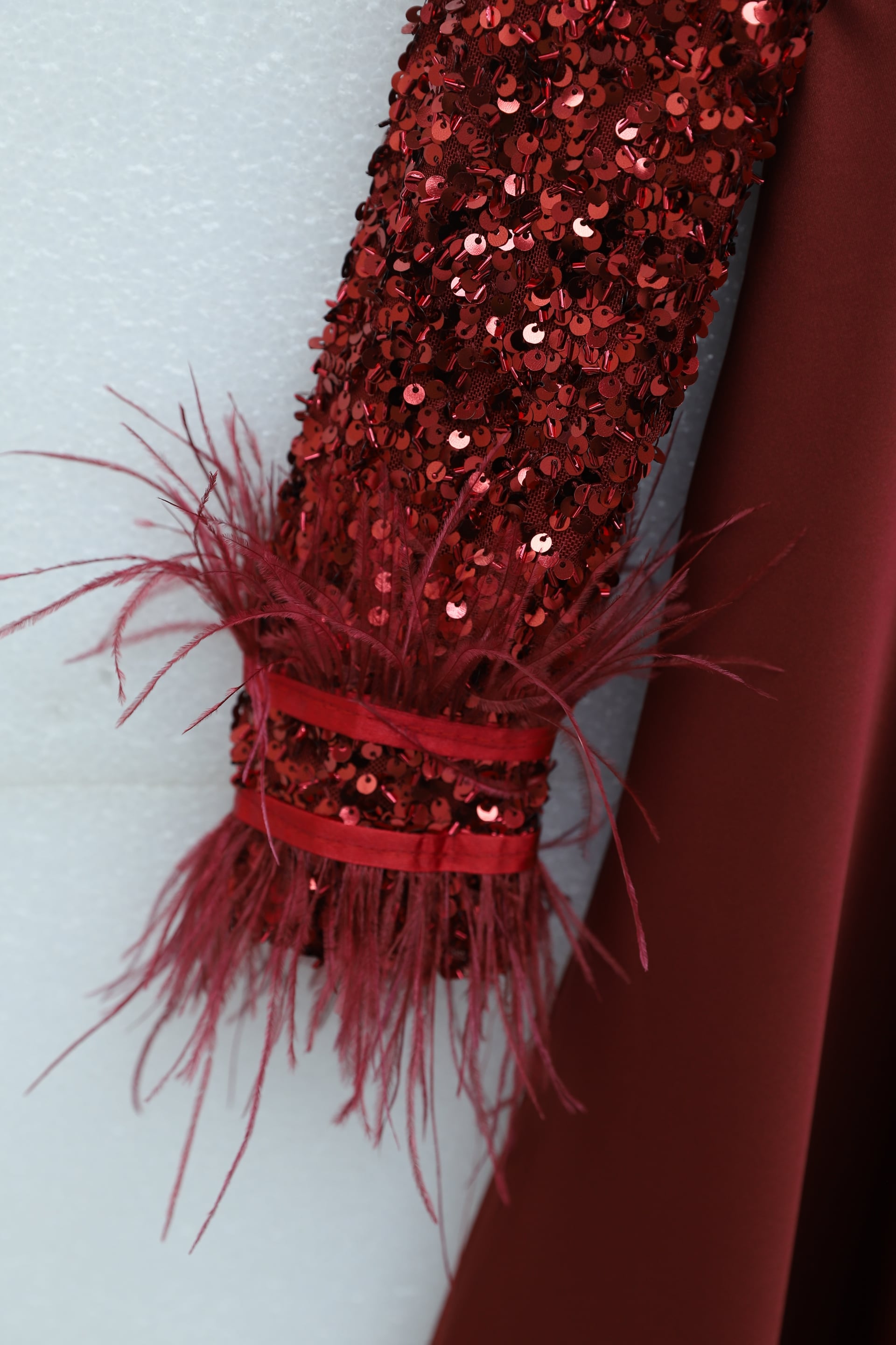 Sequined Bodice Evening Dress with Feathered Sleeves and Satin Skirt - Burgundy - Podyumplus - by Peralane - photo 5
