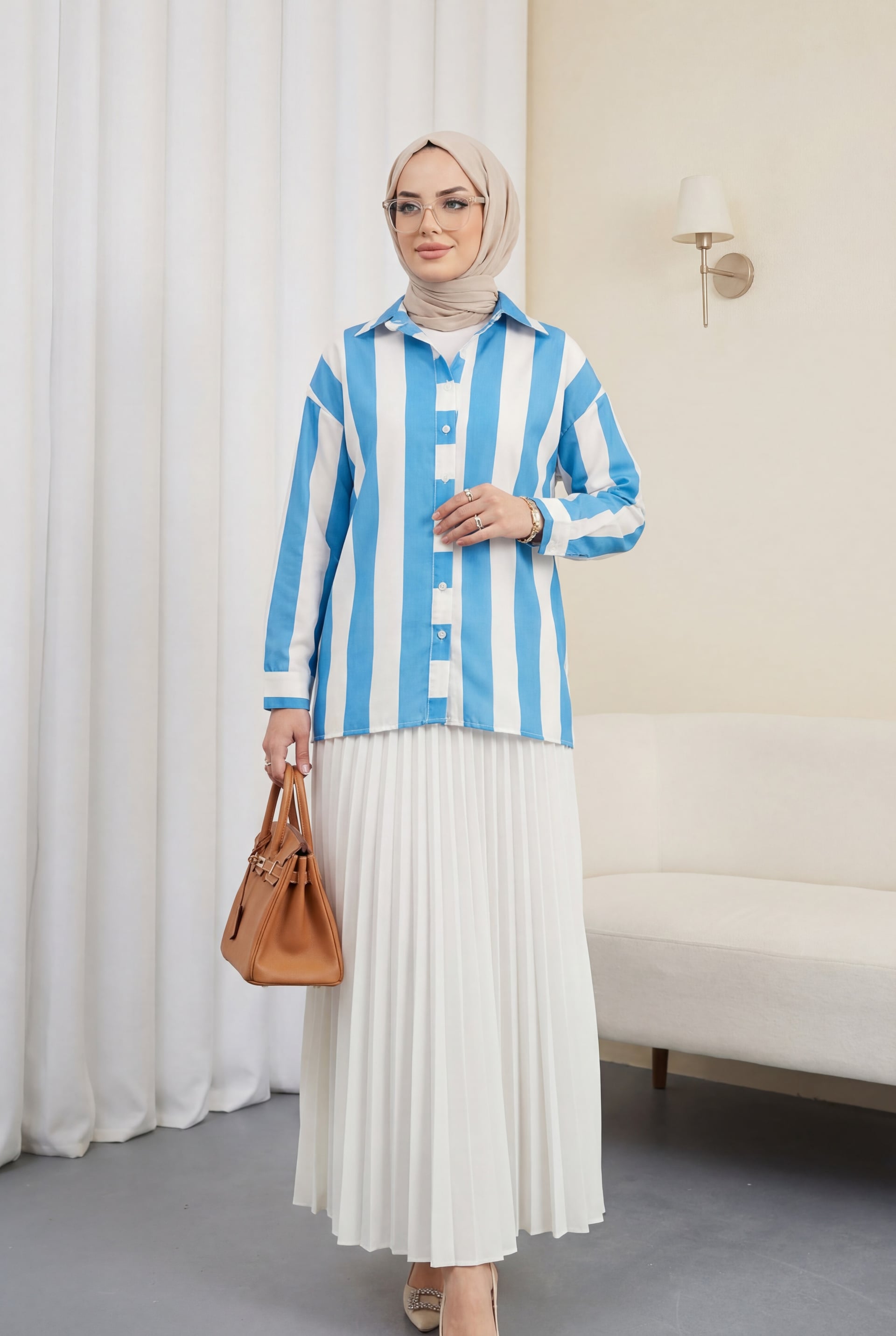 Blue and White Striped Button-Down Shirt - Podyumplus - by Peralane - photo 2