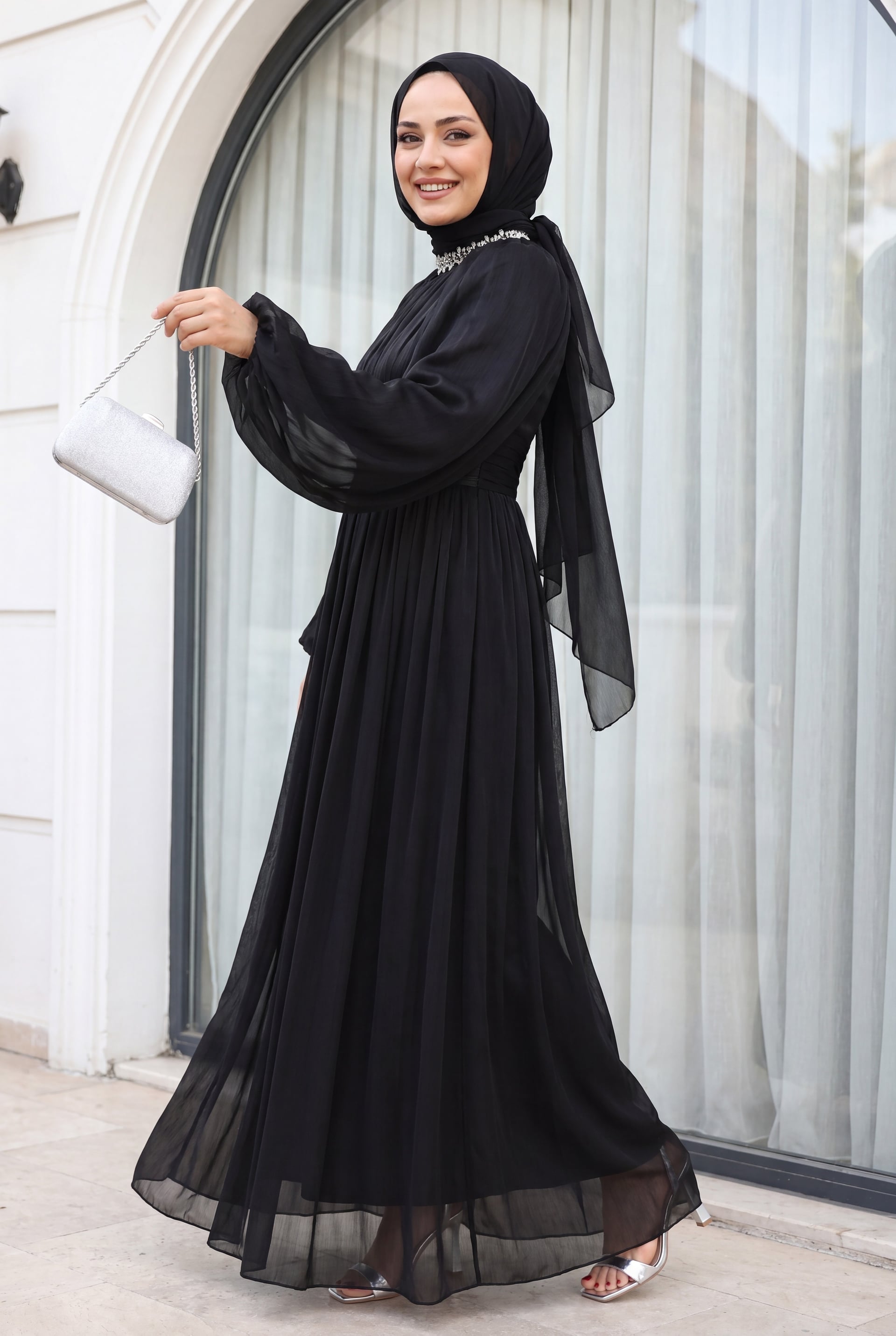Black Rhinestone Neckline Draped Waist Cape Sleeve Chiffon Evening Dress - Podyumplus - by Peralane - photo 5