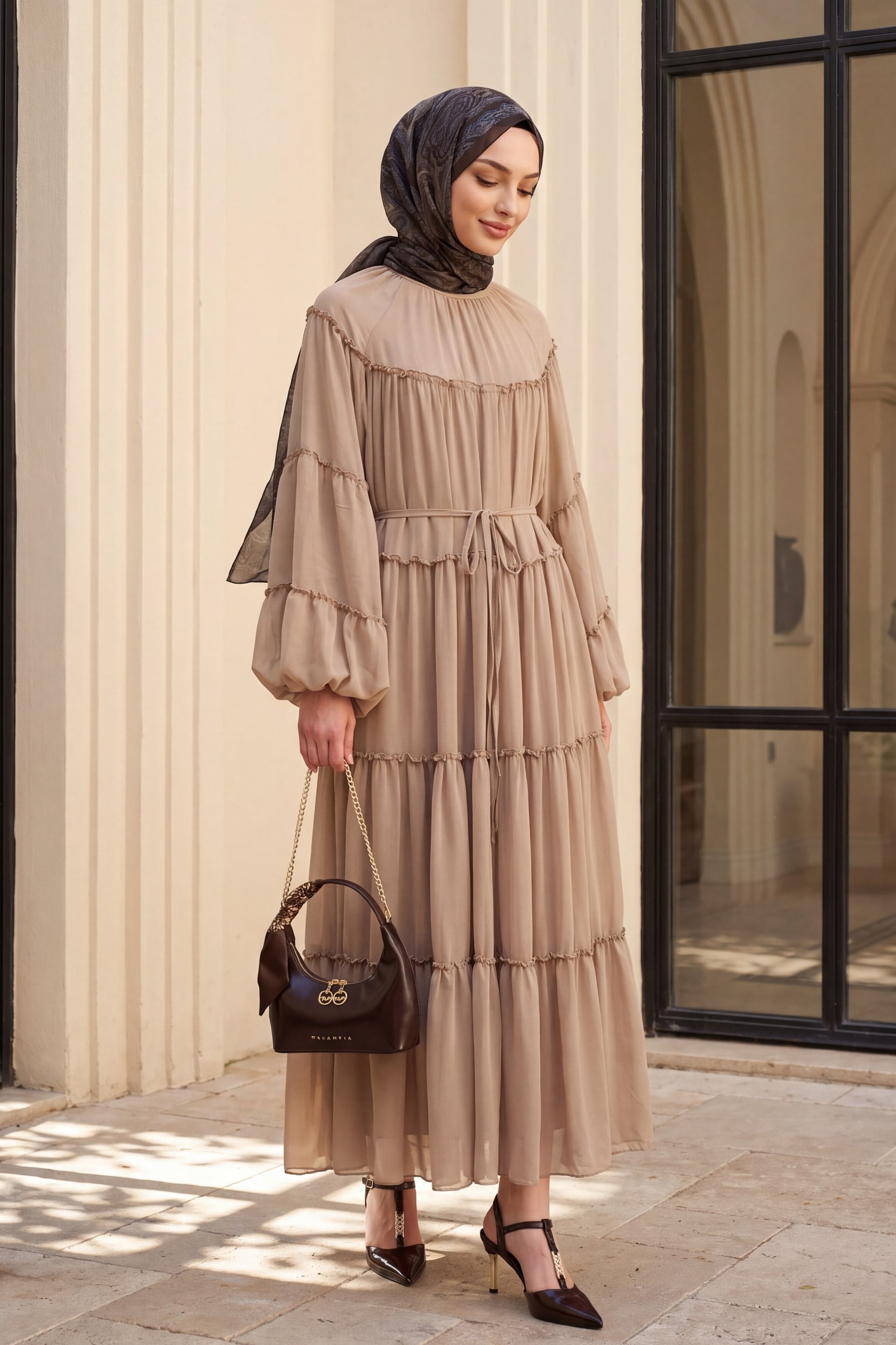 Ruffled Tiered Tie-Waist Long Dress - Beige - Podyumplus - by Peralane