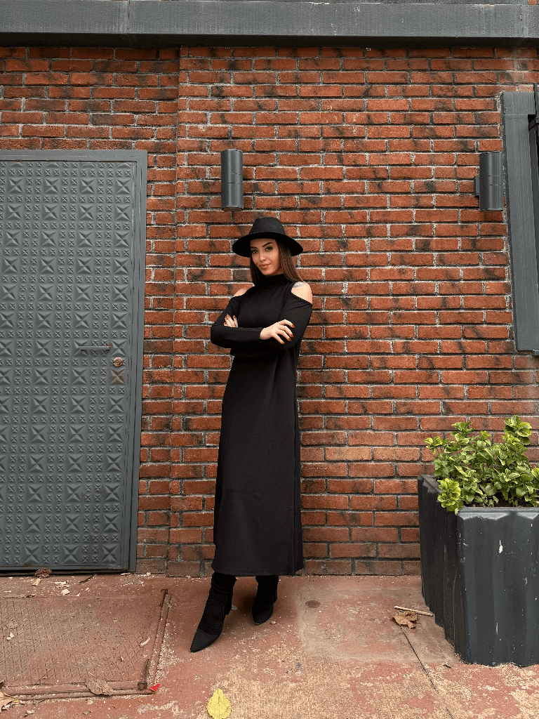 Women's High Neck Cold-Shoulder Long Sleeve Crepe Dress - Janes - by Peralane - photo 3