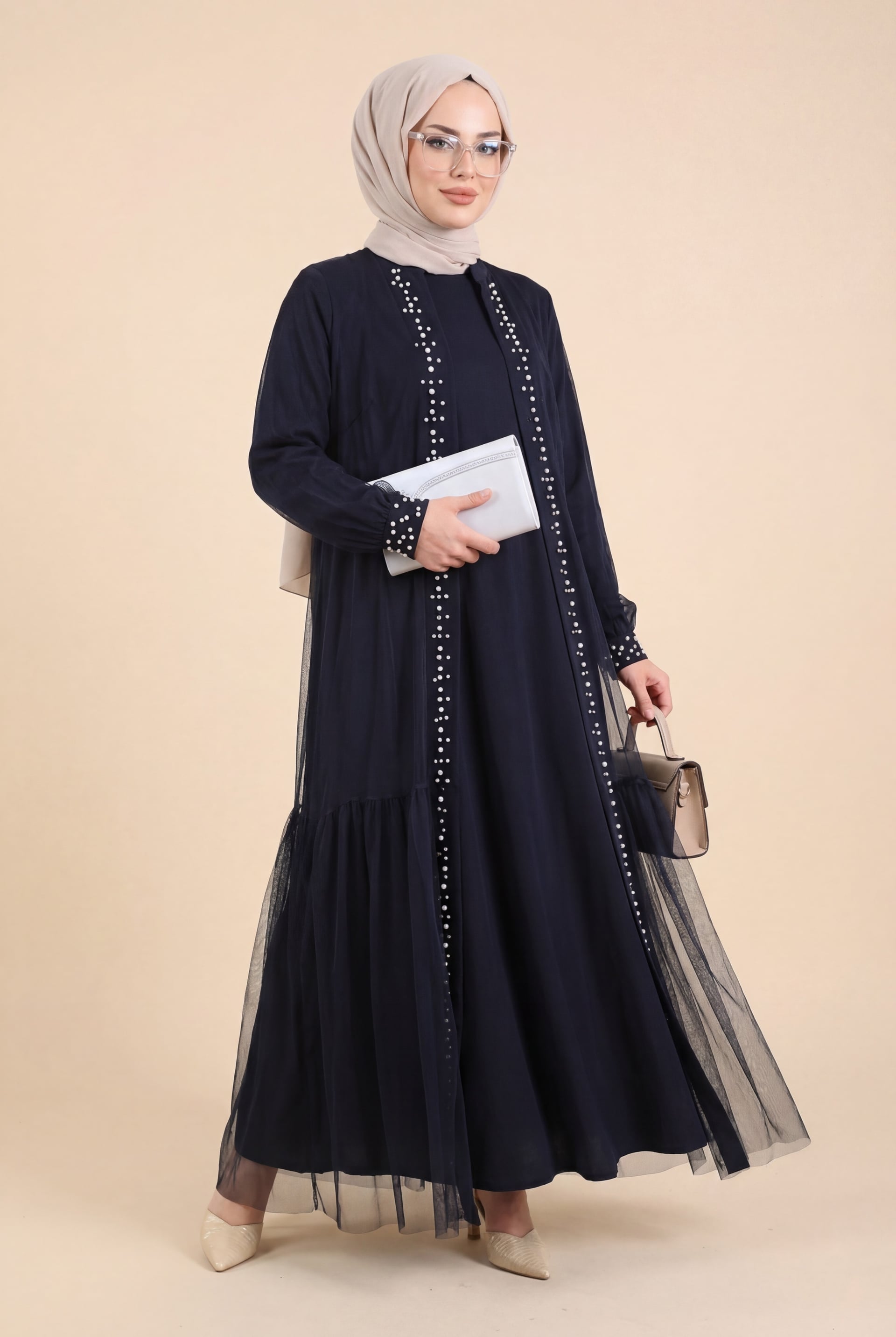 Navy Blue Beaded and Pearl Embellished Tie-Waist Layered Abaya - Podyumplus - by Peralane - photo 2