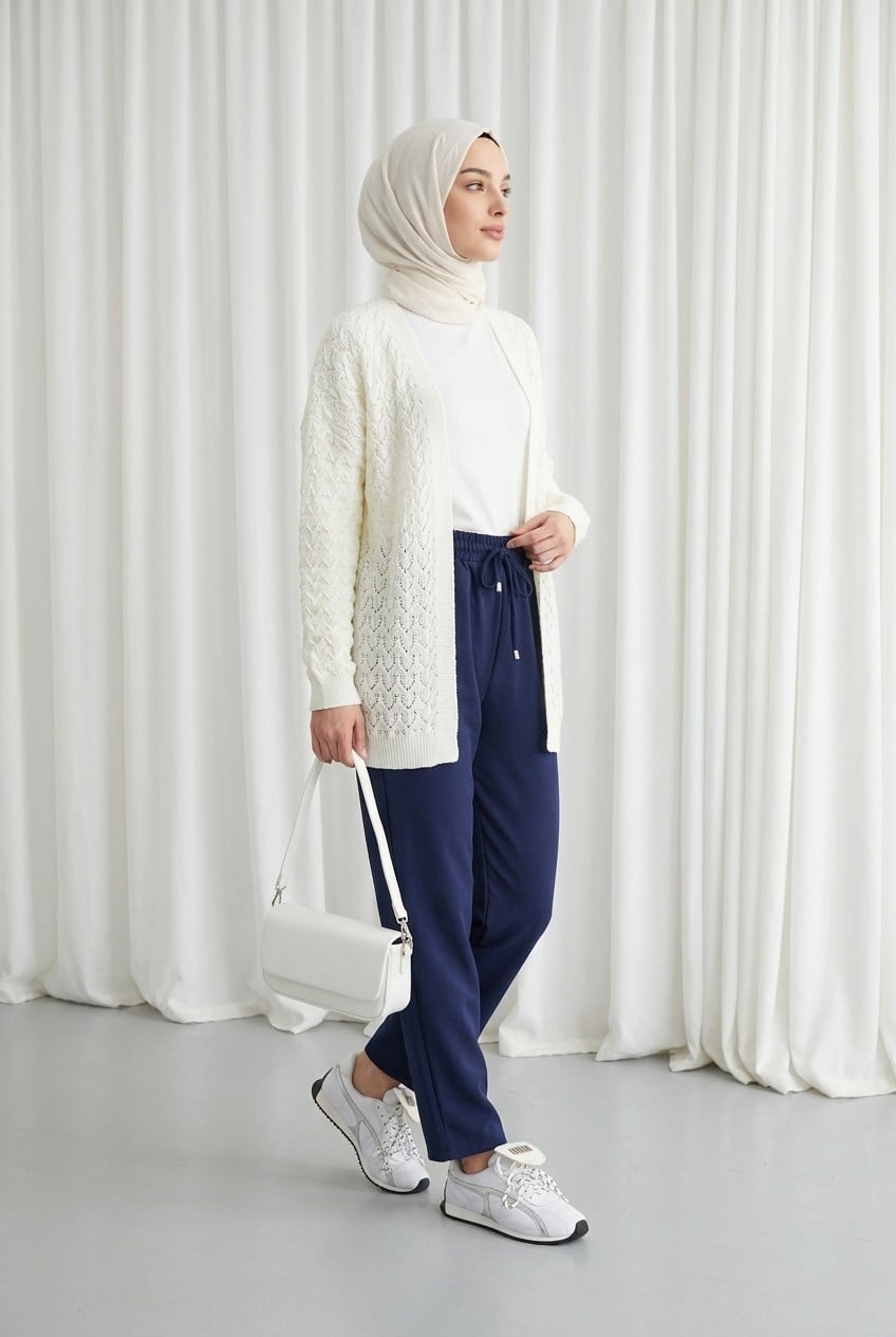 Ecru Ajour Patterned Relaxed Knit Cardigan - Podyumplus - by Peralane