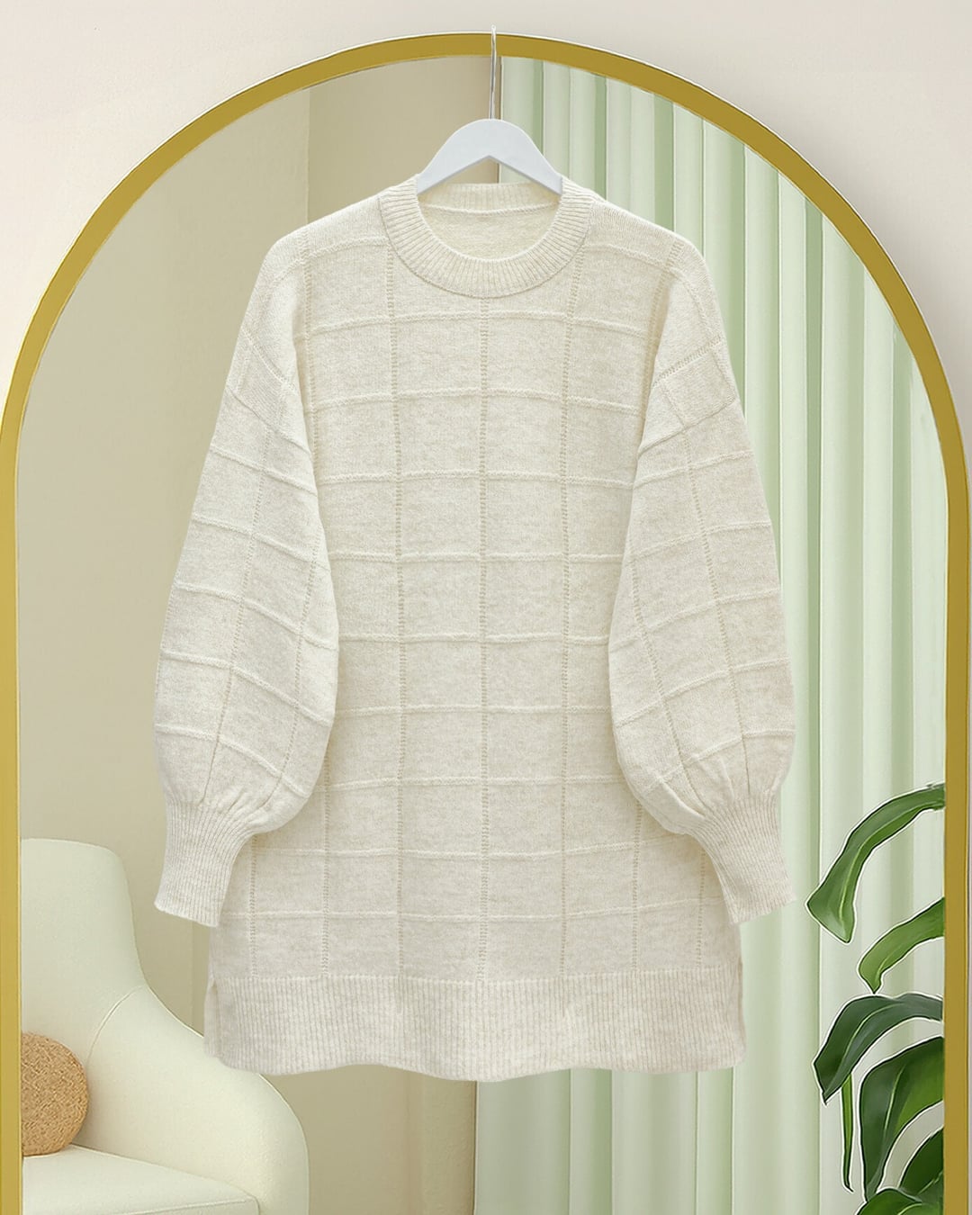 Cream Grid Pattern Slit Knit Tunic - Podyumplus - by Peralane - photo 3