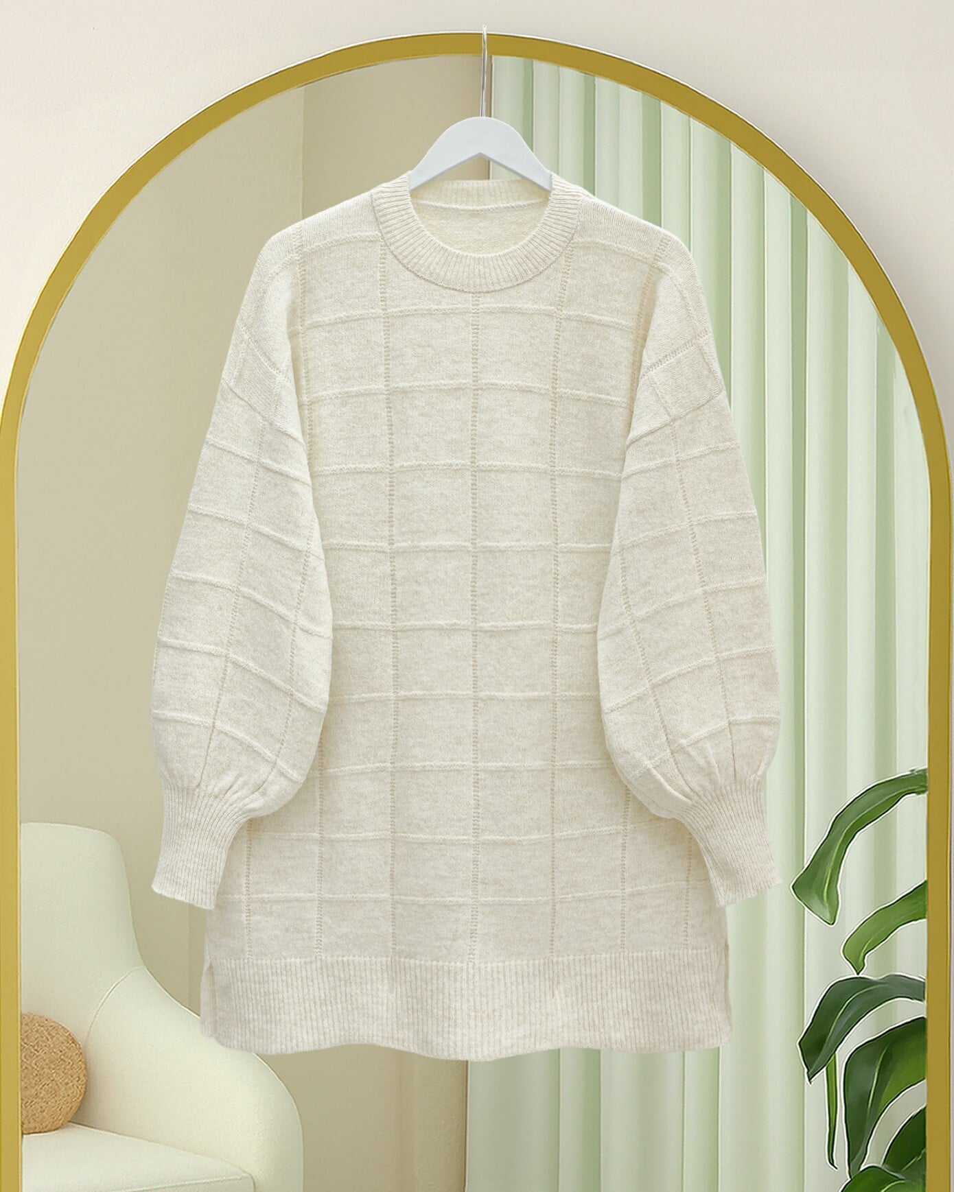 Cream Grid Pattern Slit Knit Tunic - Podyumplus - by Peralane - photo 3