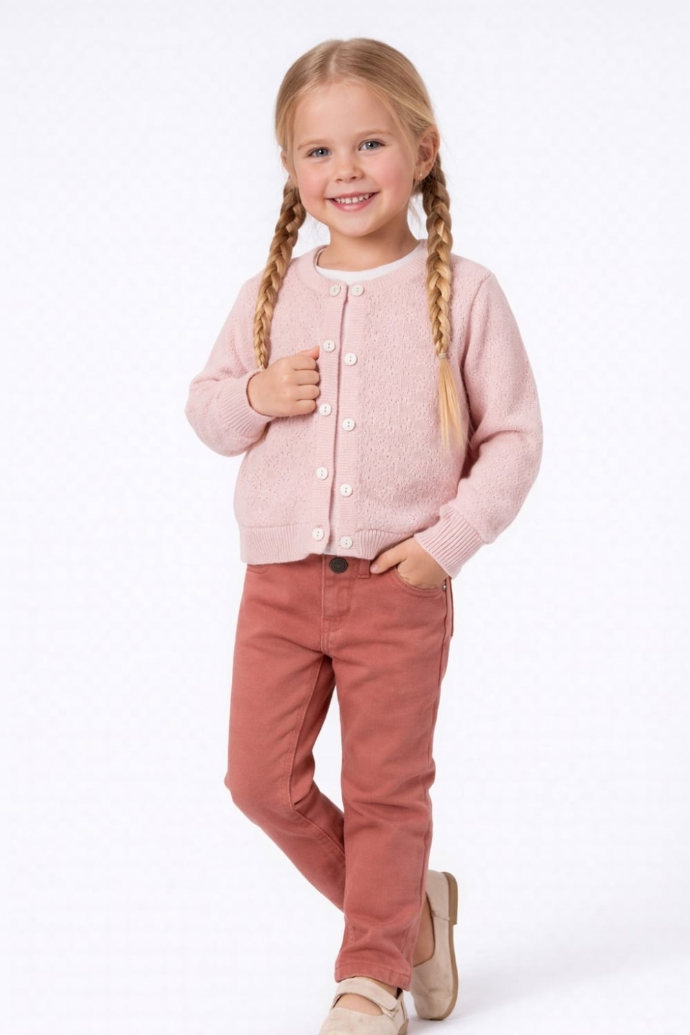 Girls' Knit Cardigan and Trousers Set - Pink - Has Bereket - by Peralane