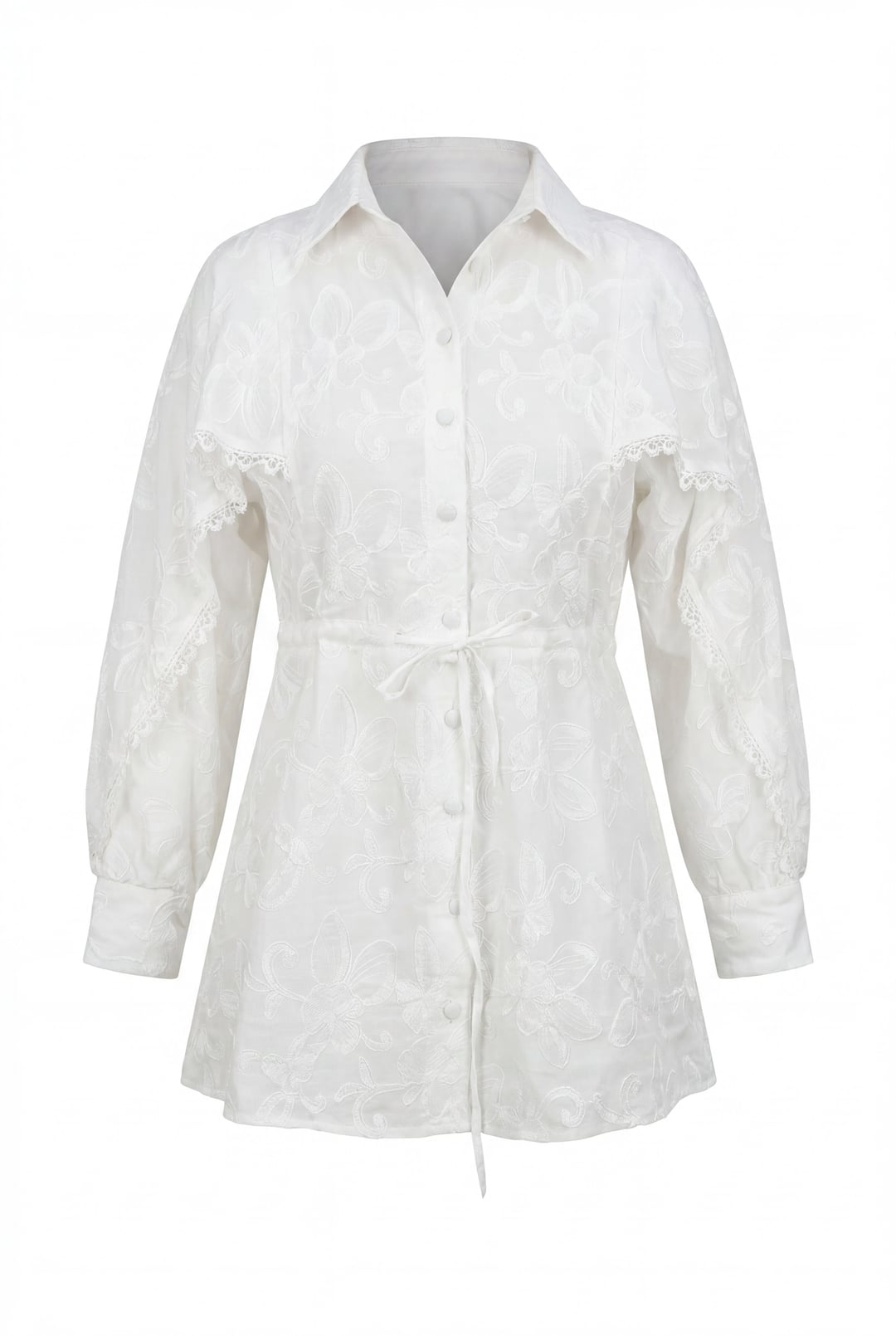 White Linen Tunic with Lace and Embroidery Detail, Tie Waist, Lined - Podyumplus - by Peralane - photo 5