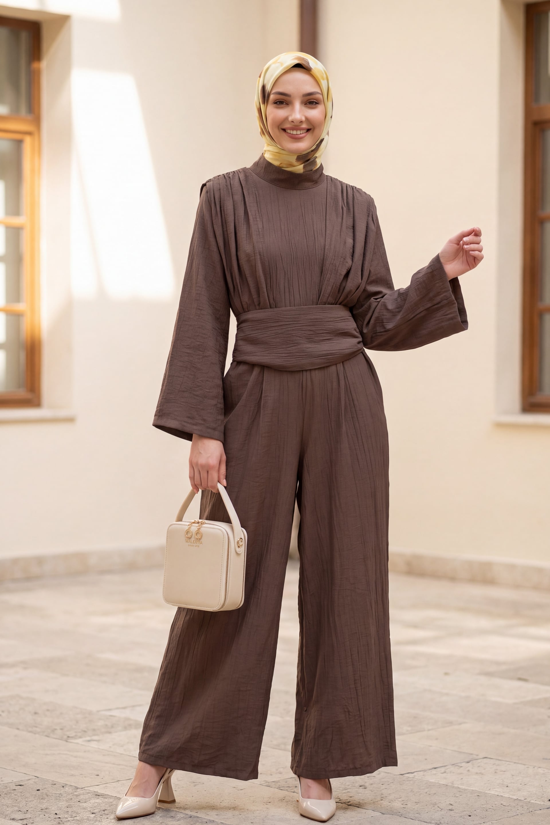 High Neck Pleated Detail Pocketed Belted Jumpsuit - Brown - Podyumplus - by Peralane - photo 2