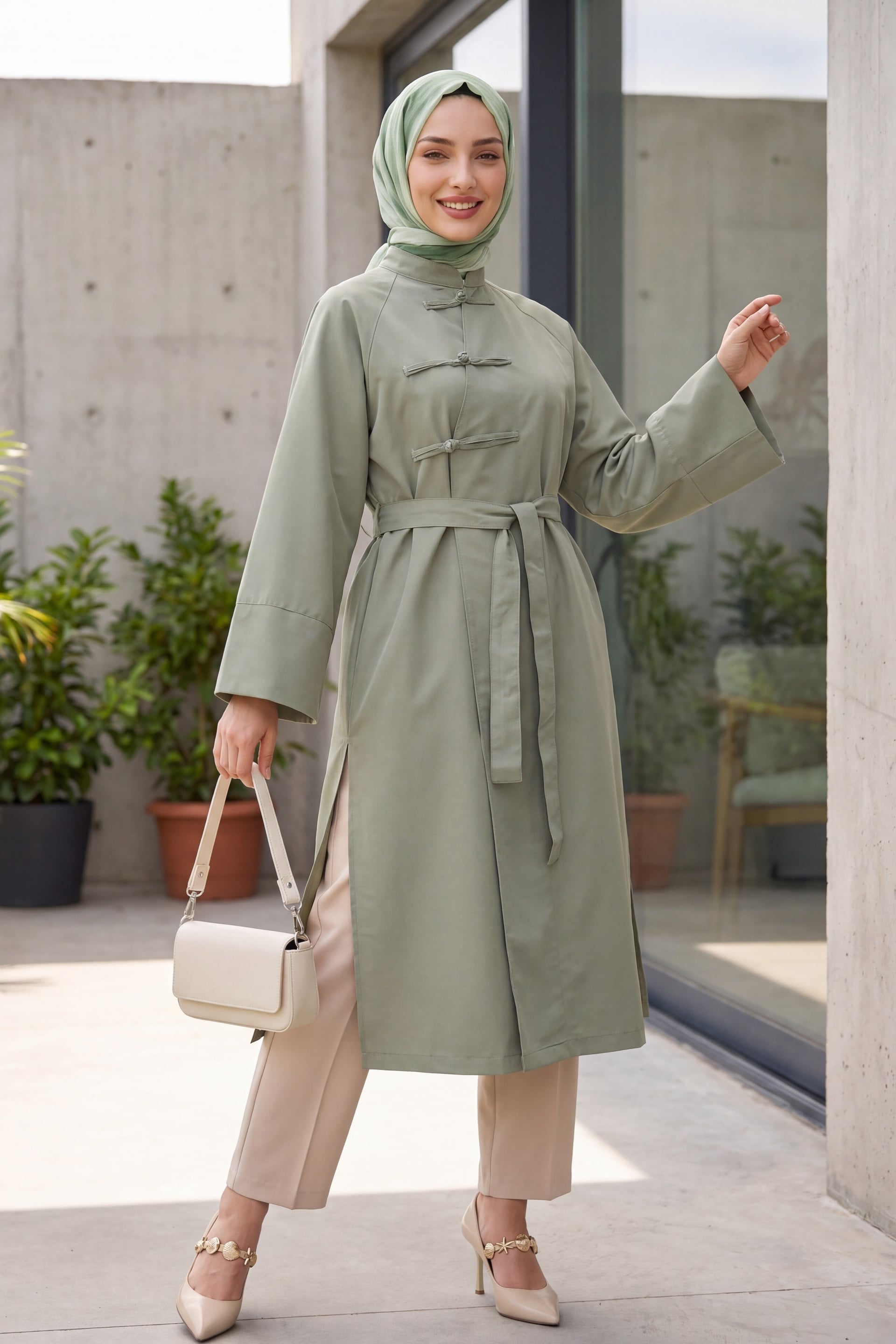 Frog Closure Slit Belted Trench Coat in Light Sage Green - Podyumplus - by Peralane - photo 3