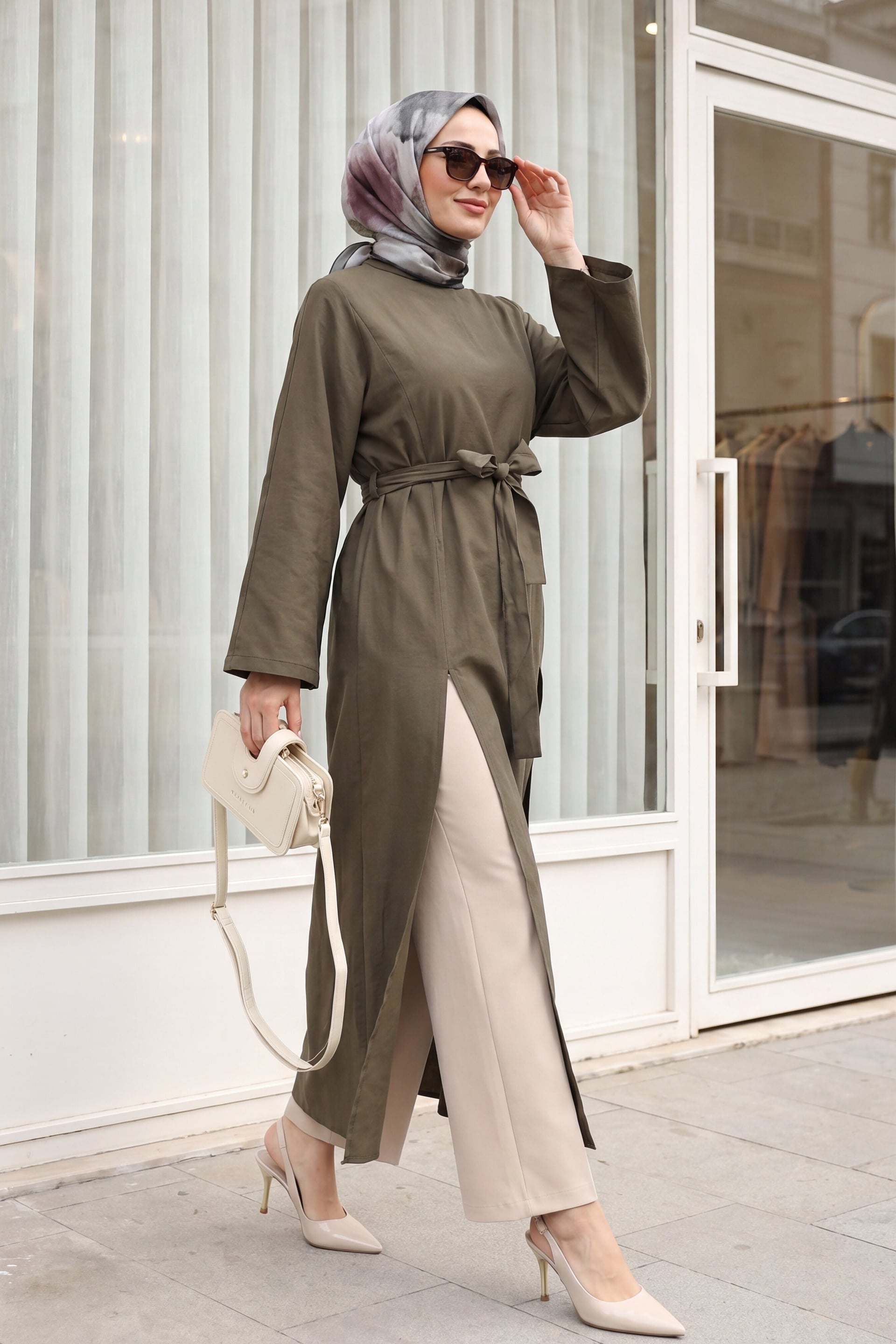 High Neck Deep Slit Belted Long Modal Tunic - Olive Green - Podyumplus - by Peralane - photo 2