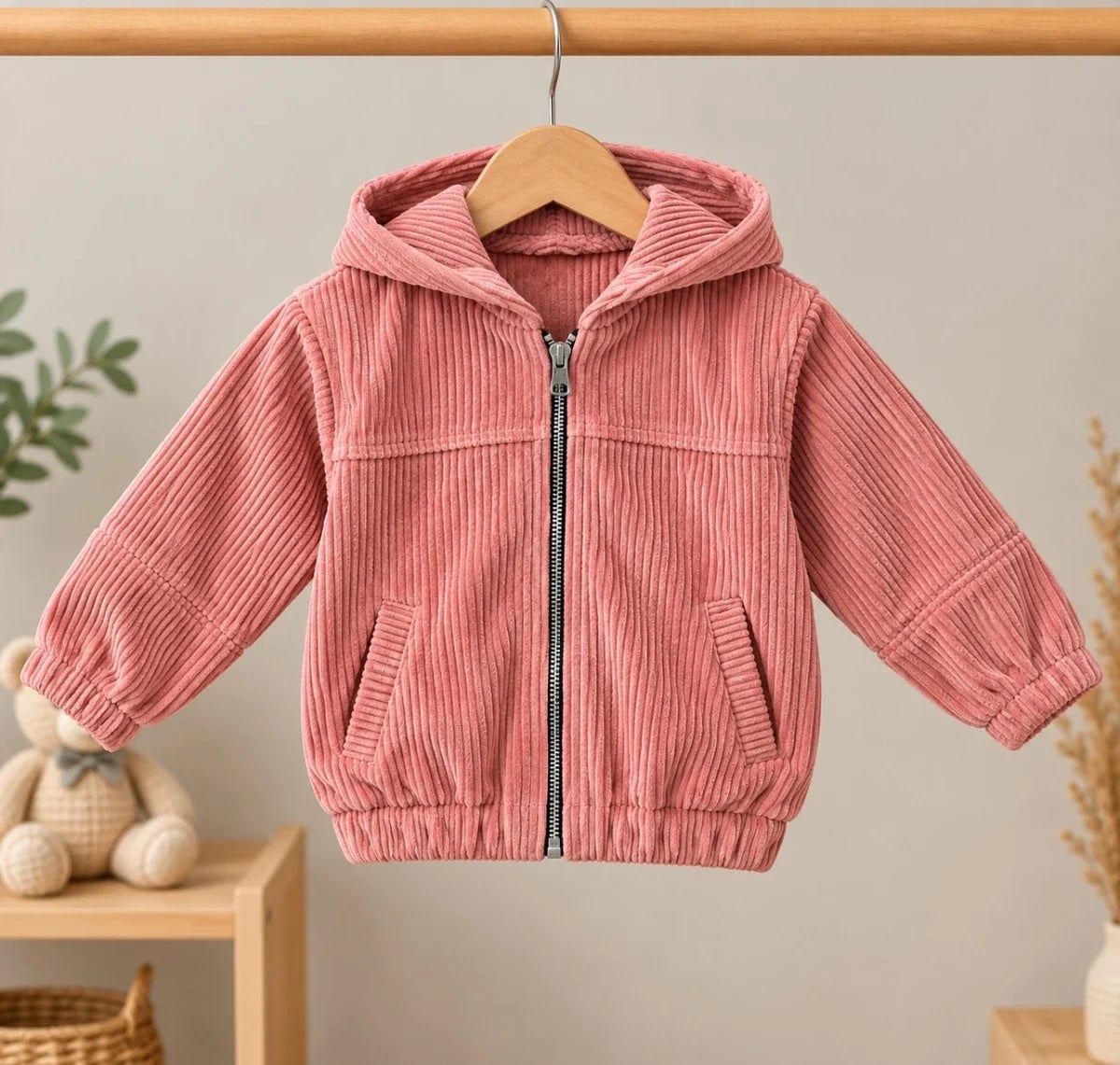 Girls' Corduroy Hooded Zip-Up Sweatshirt - Salmon - Has Bereket - by Peralane