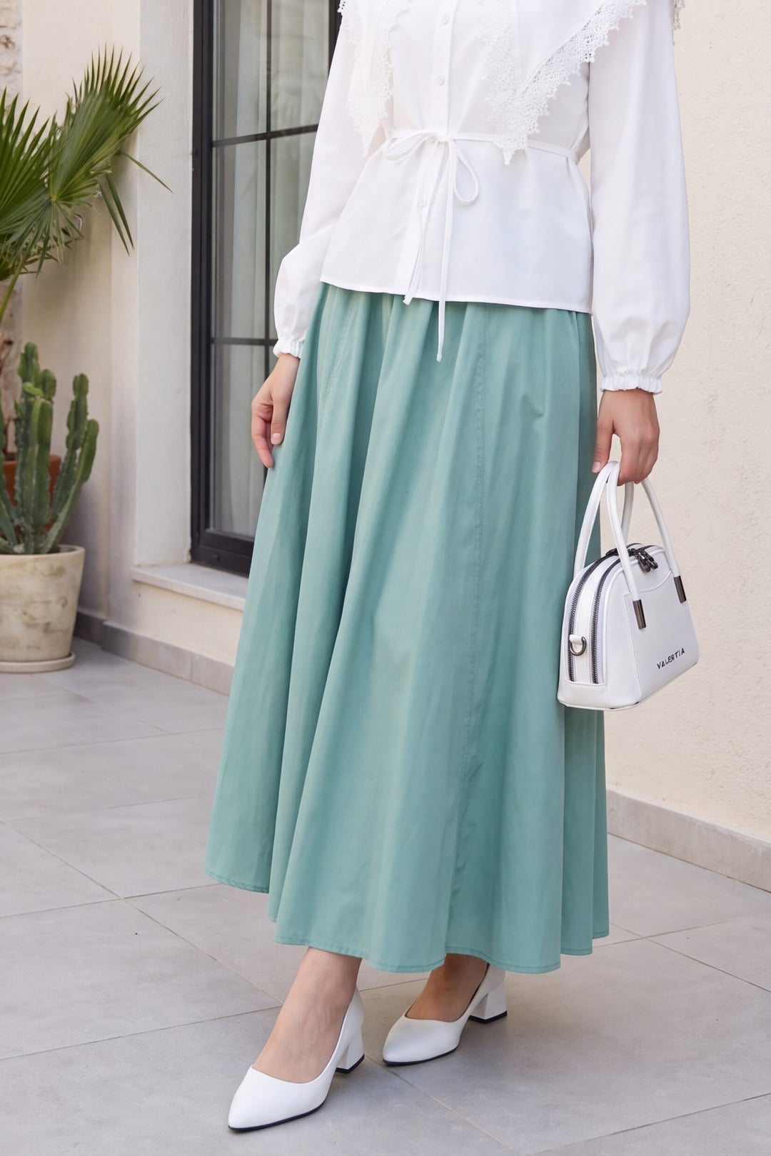 Elastic Waist Double Pocket Poplin Flared Skirt - Almond Green Y. - Podyumplus - by Peralane