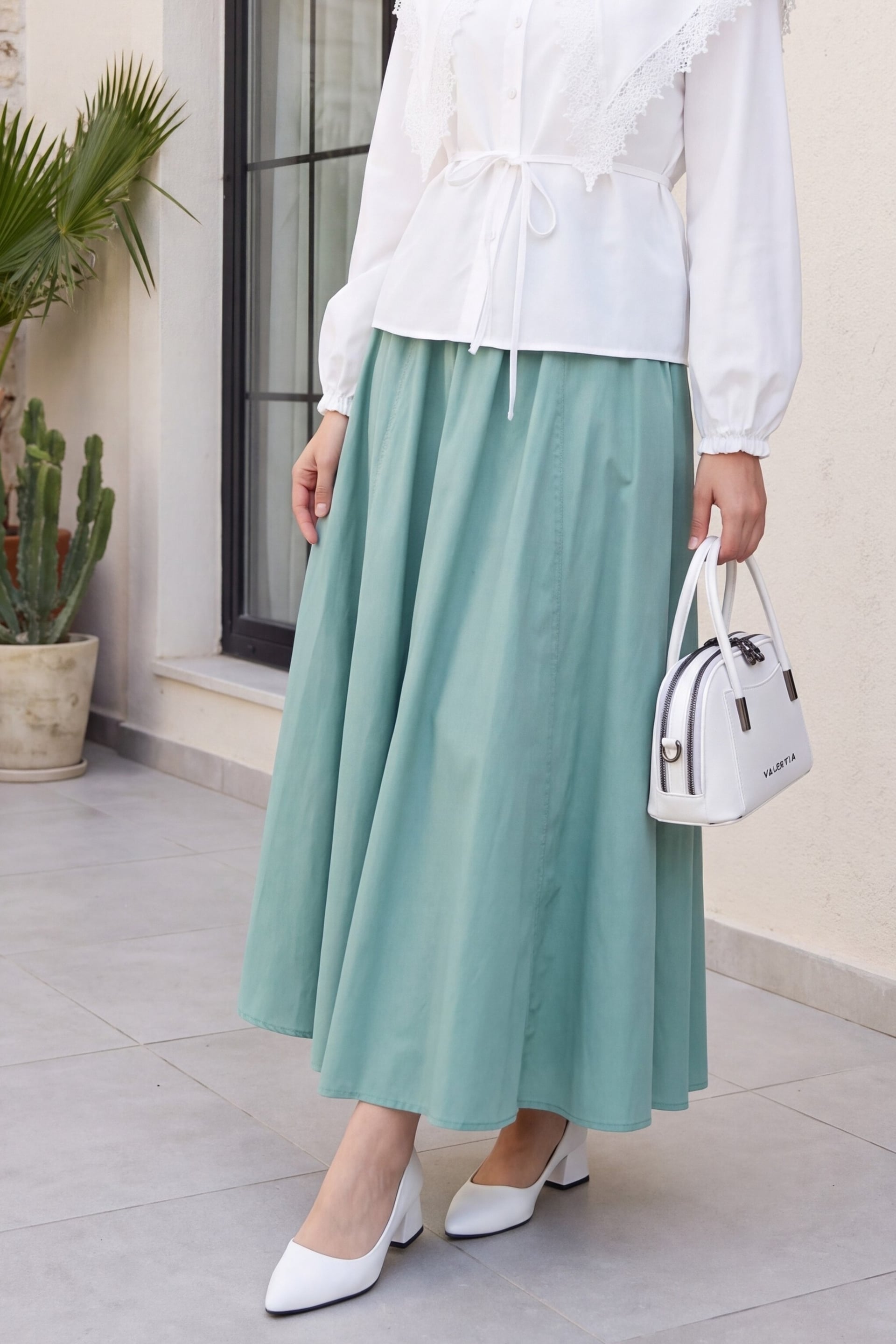 Elastic Waist Double Pocket Poplin Flared Skirt - Almond Green Y. - Podyumplus - by Peralane