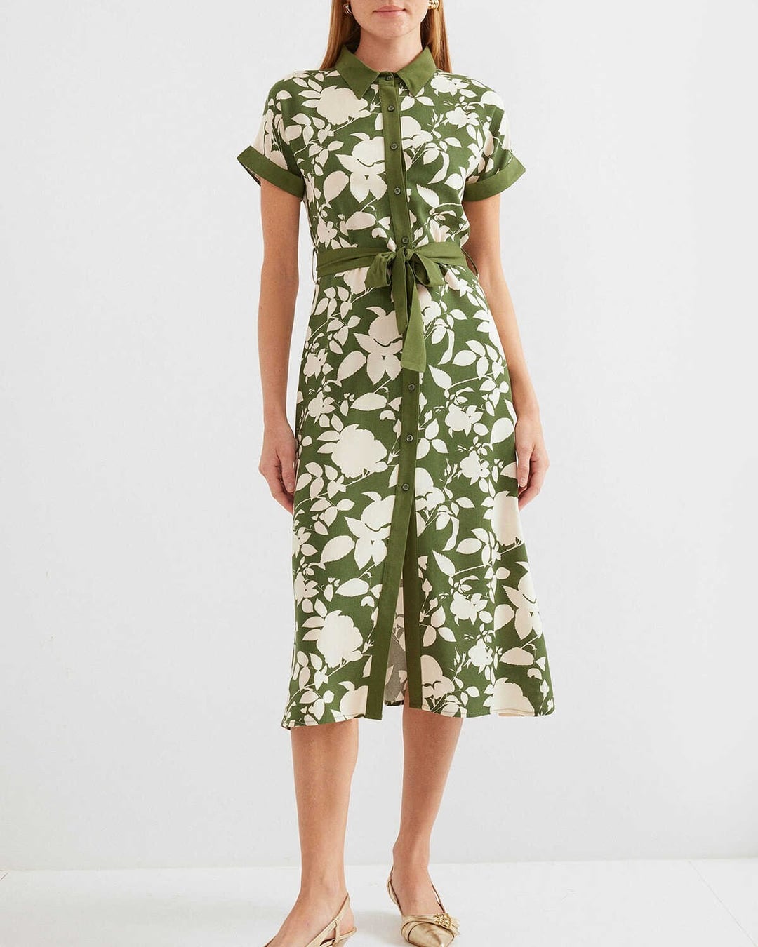 Women's Patterned Shirt Dress in Khaki Green - Bigdart - by Peralane