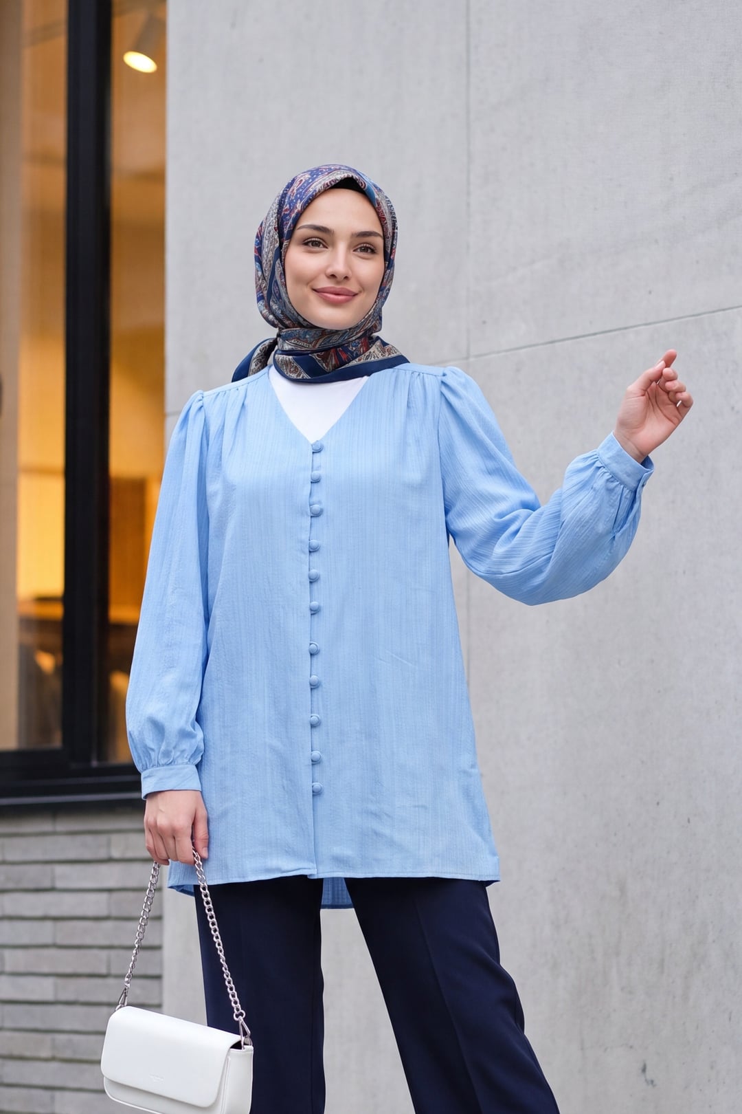 Top Button V-Neck Jacquard Crinkle Tunic - Baby Blue - Podyumplus - by Peralane - photo 4