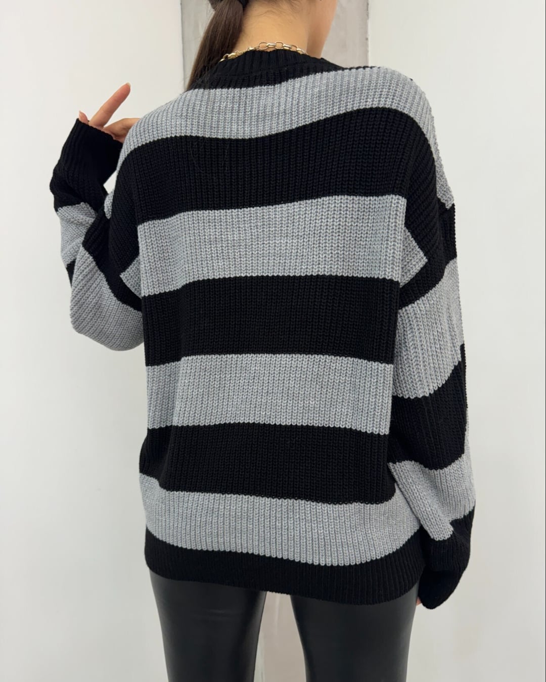 Black Striped Crewneck Knit Sweater - Podyumplus - by Peralane - photo 6