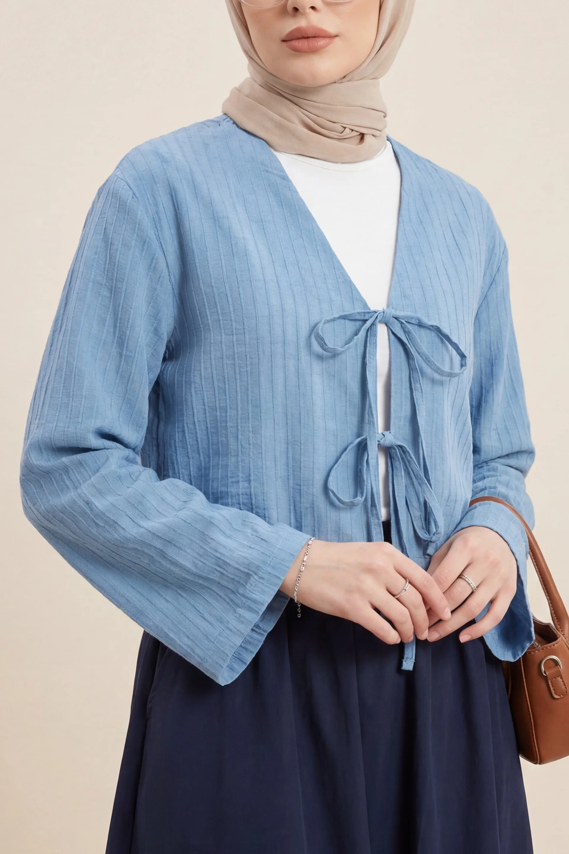 Light Blue Ribbed Cardigan with Front Ties - Podyumplus - by Peralane - photo 3