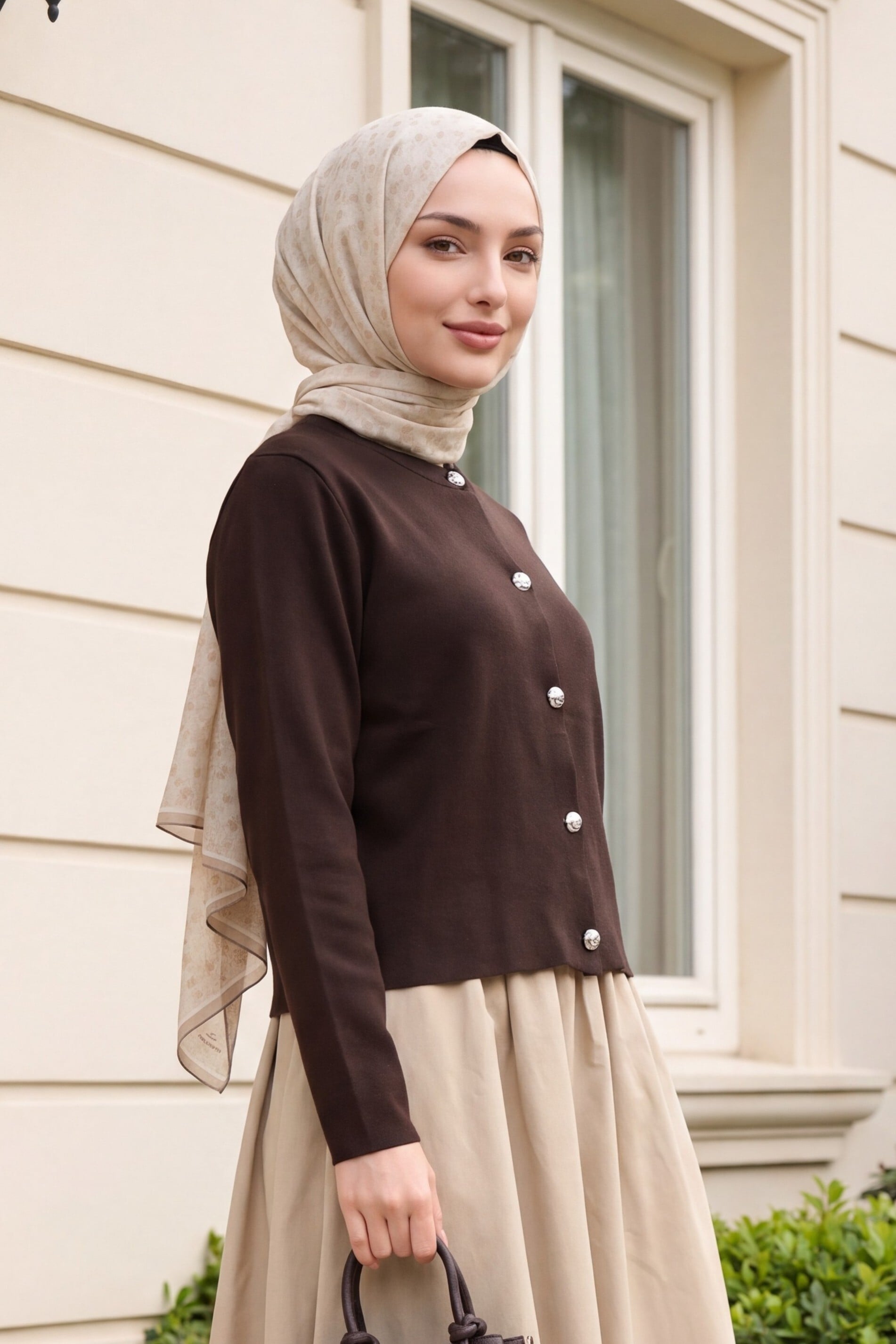 Buttoned Round Neck Knit Cardigan - Dark Brown - Podyumplus - by Peralane - photo 2