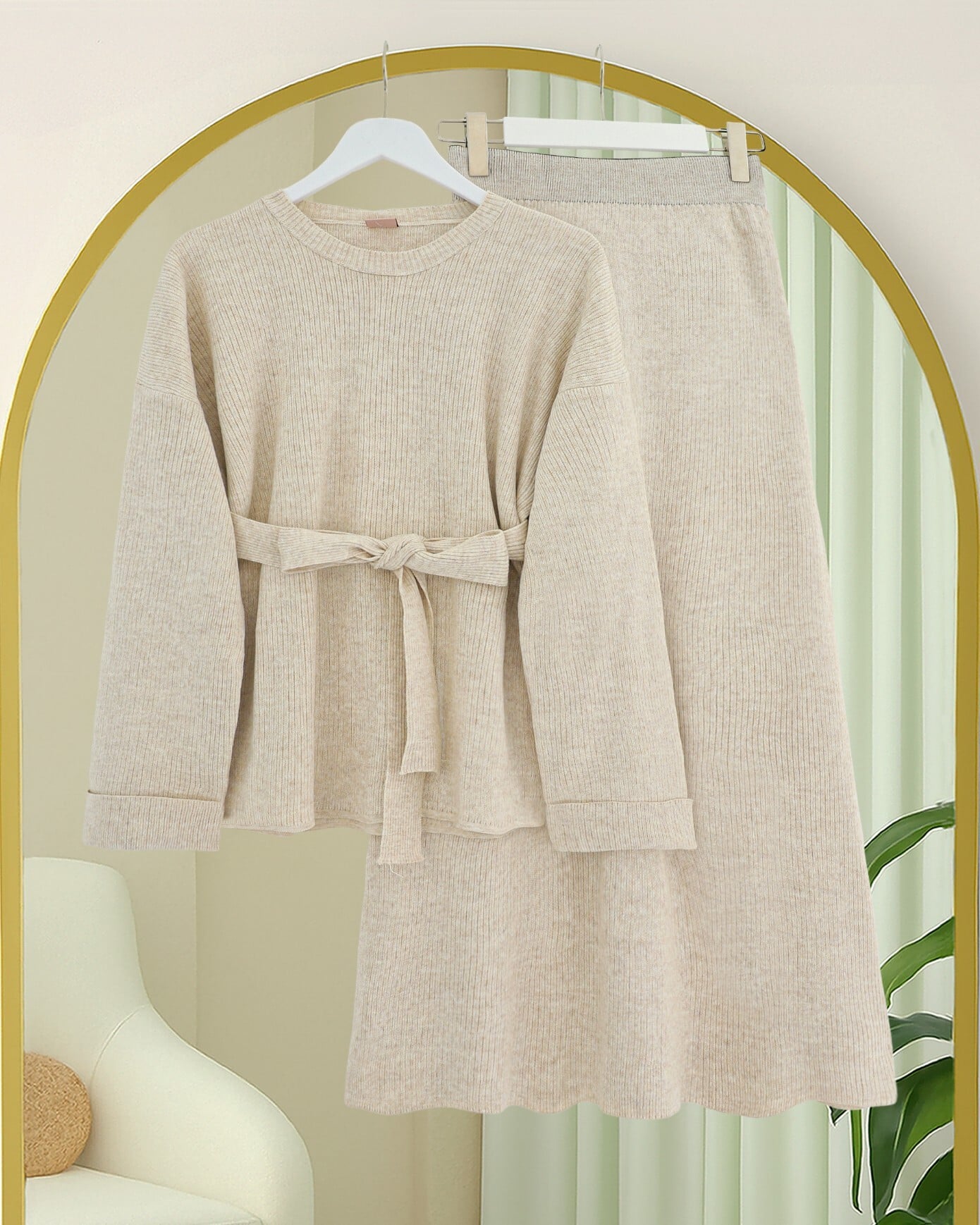 Ribbed Knit Two-Piece Set with Belted Top and Midi Skirt - Beige - Podyumplus - by Peralane - photo 3
