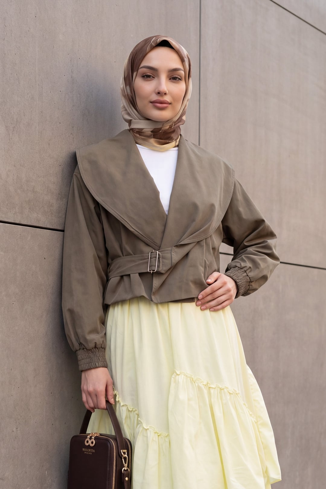Shawl Collar Crop Jacket with Elasticated Cuffs and Belted Waist - Light Brown - Podyumplus - by Peralane