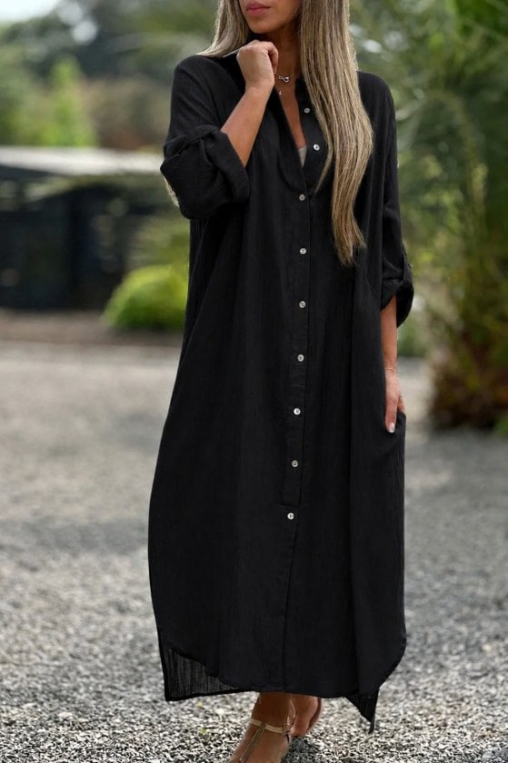 Women's Long-Sleeve Collared Button-Front Flowing Long Dress - Janes - by Peralane - photo 2