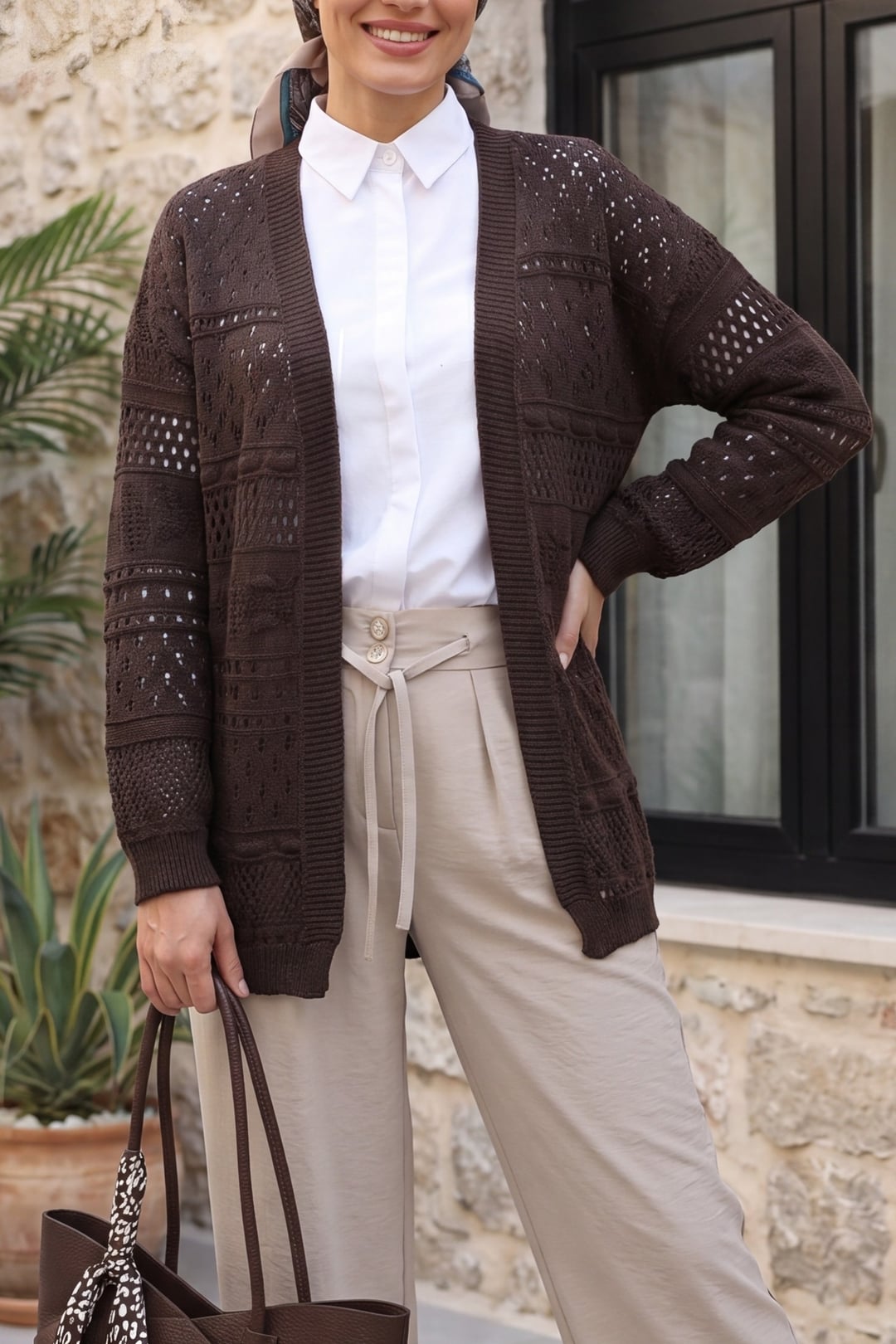 Eyelet Pompom Patterned Knit Cardigan - Dark Brown - Podyumplus - by Peralane - photo 2
