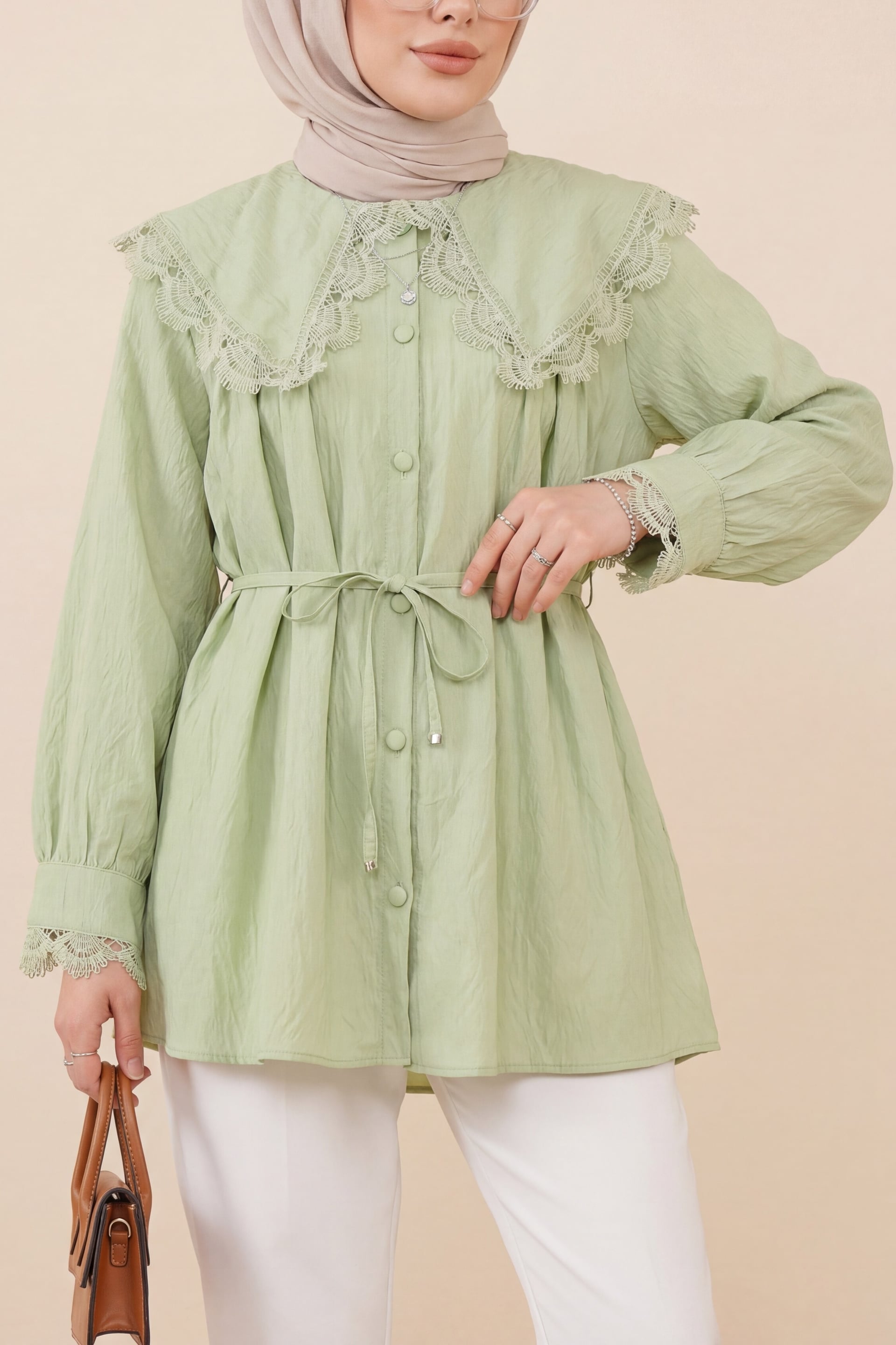 Baby Collar Lace Trim Tie Waist Modal Tunic - Light Green - Podyumplus - by Peralane - photo 3