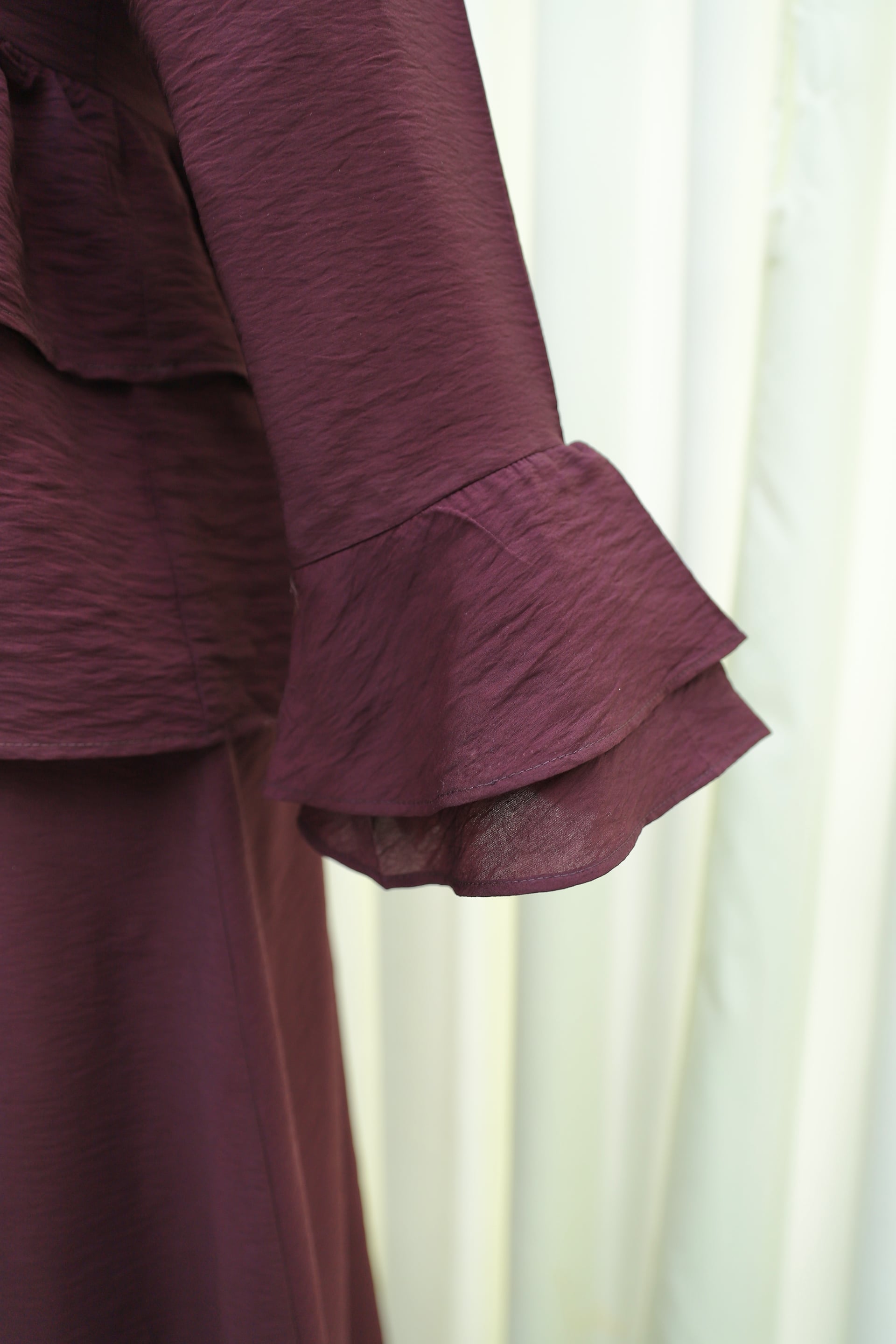 Burgundy Tie-Front Ruffled Spanish Sleeve Skirted Cupro Kimono Set - Podyumplus - by Peralane - photo 6
