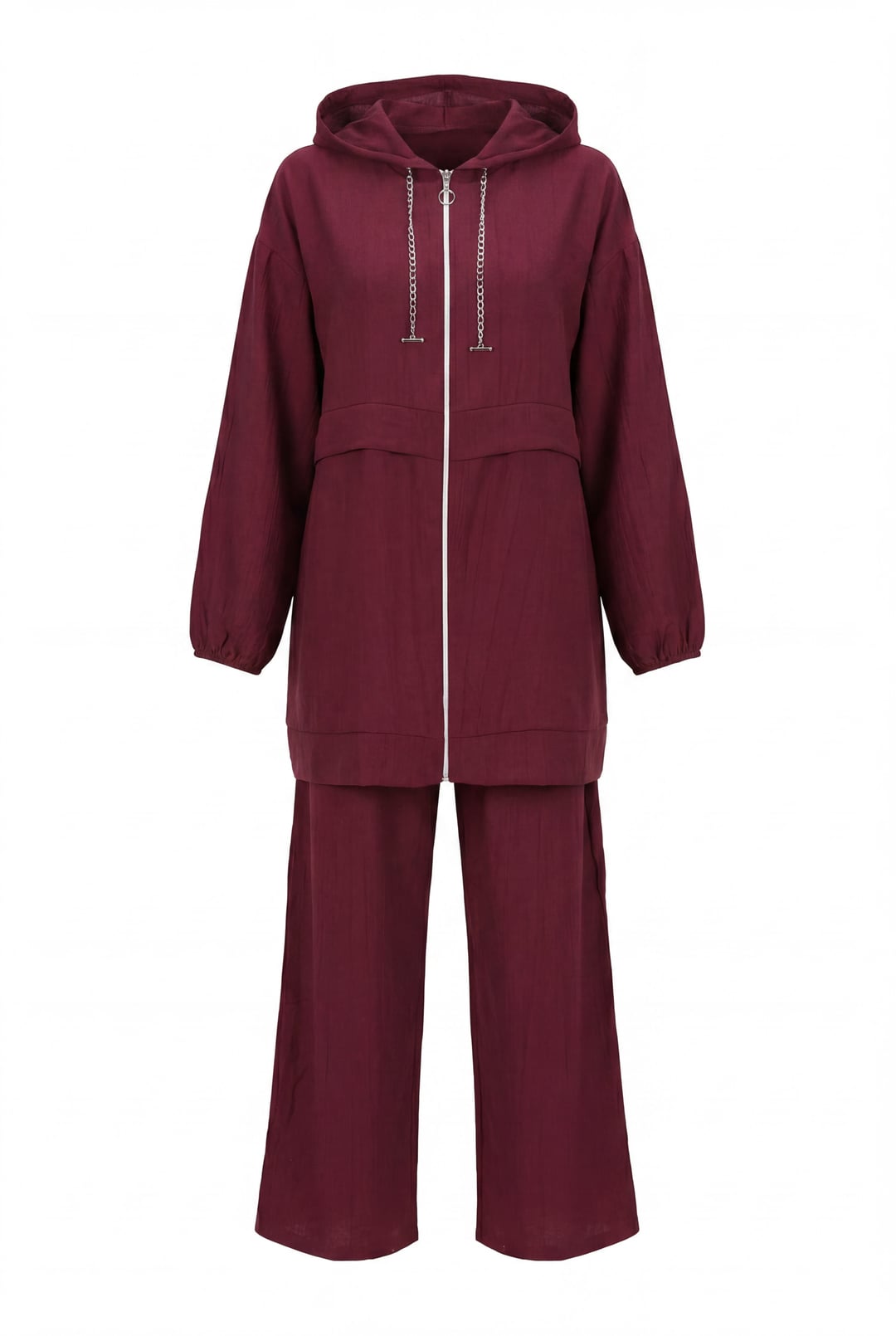 Hooded Zip-Front Tracksuit Set with Chain Neck Detail - Burgundy - Podyumplus - by Peralane - photo 5