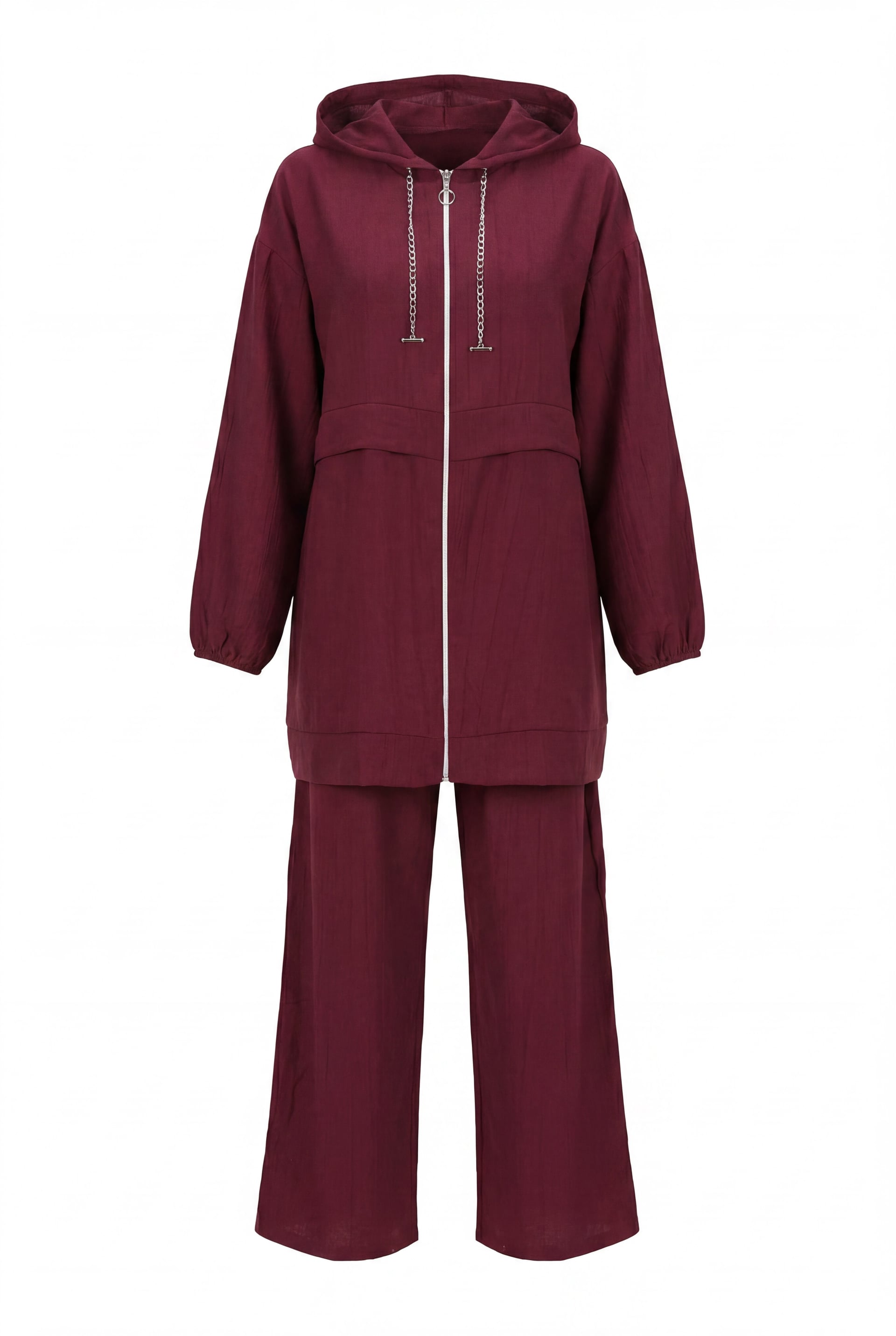 Hooded Zip-Front Tracksuit Set with Chain Neck Detail - Burgundy - Podyumplus - by Peralane - photo 5