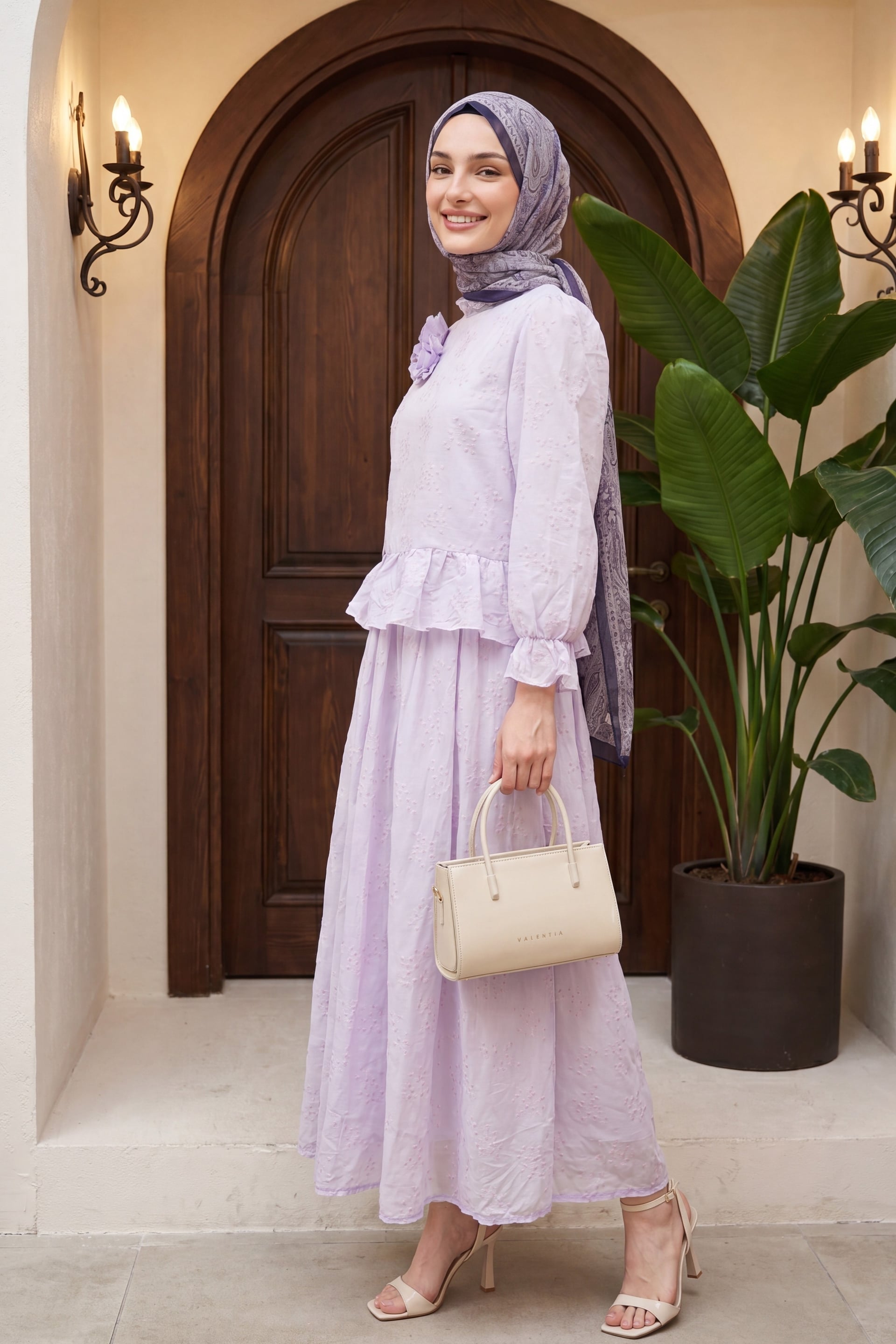 Lilac Floral Embroidered Voile Two-Piece Set with Peplum Top and Long Skirt - Podyumplus - by Peralane - photo 3