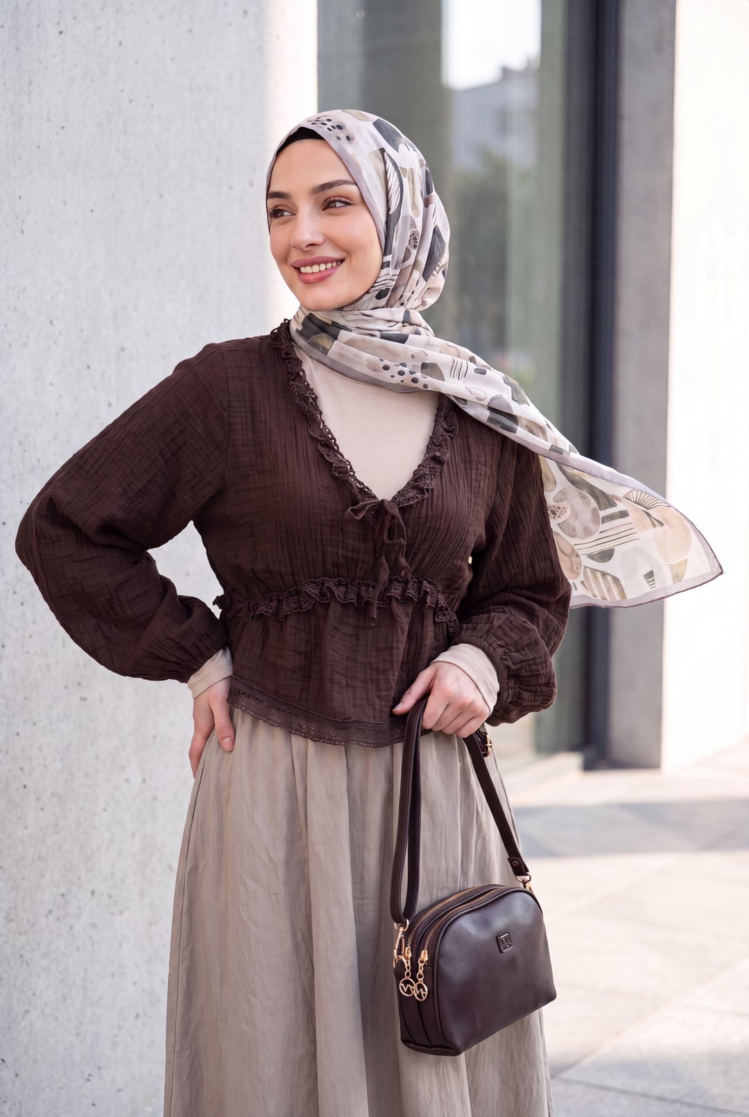 Brown Lace Trim Balloon Sleeve Wrap Blouse - Podyumplus - by Peralane - photo 2