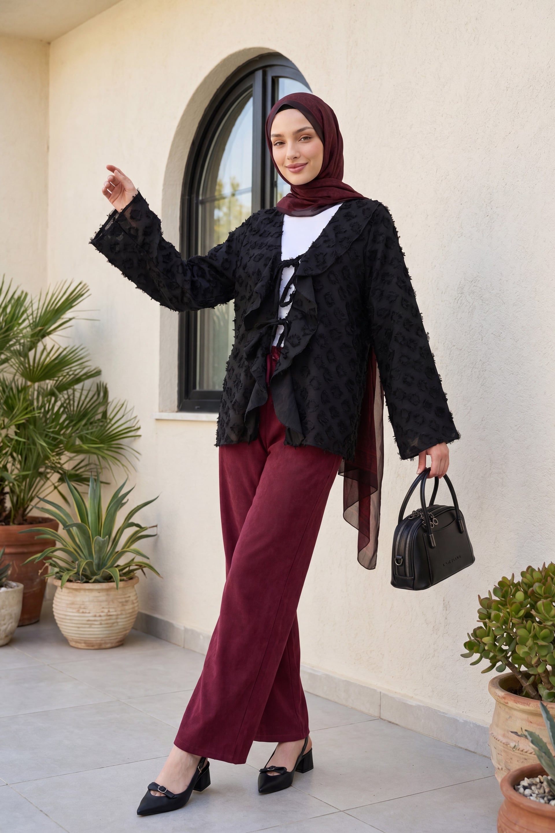 Black Ruffled Tie-Front Jacquard Kimono Jacket - Podyumplus - by Peralane