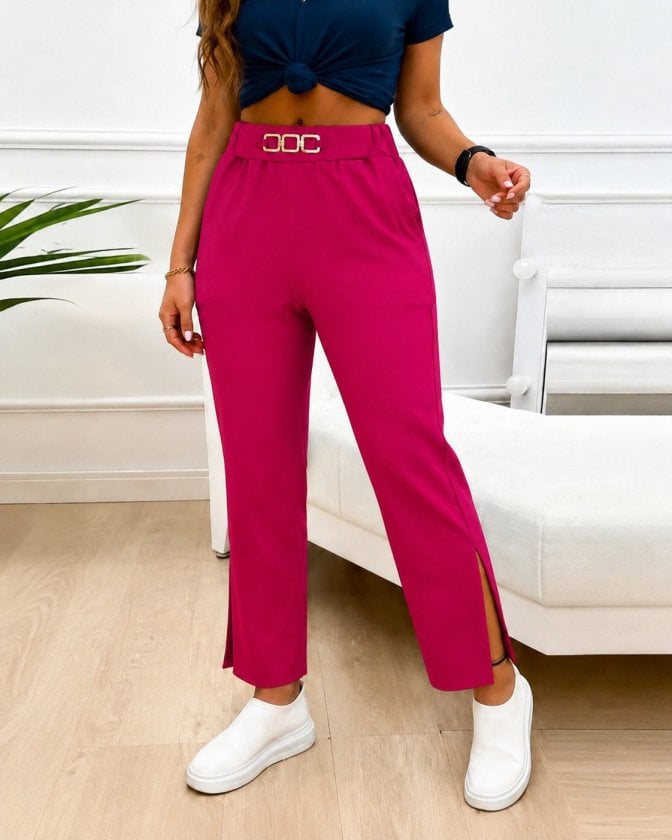 Women's High-Waist Buckle Slit Crepe Trousers - Janes - by Peralane - photo 2