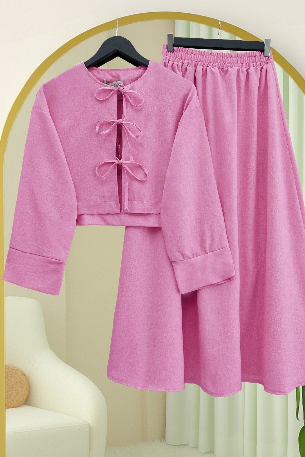 Women's Two-Piece Linen Look Tie-Front Jacket and Skirt Set - Pink - Podyumplus - by Peralane - photo 6