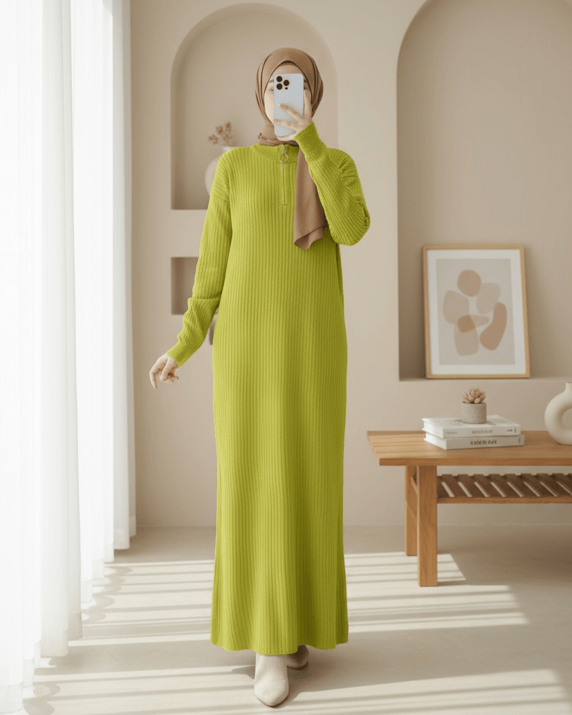 Long Ribbed Knit Dress with Half-Zip High Collar - Bright Green - Podyumplus - by Peralane